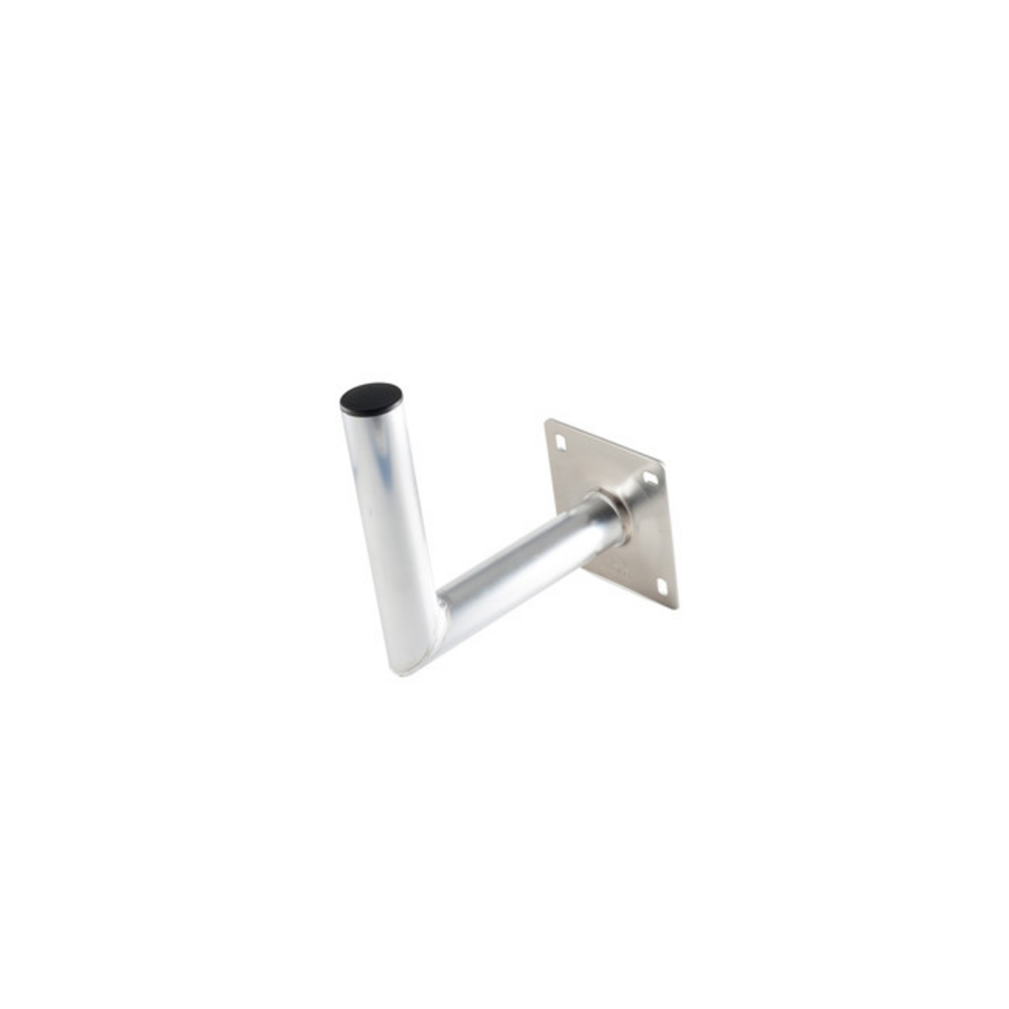 Eine silberne Metall-Antennenhalterung mit gebogenem Arm und quadratischer Basis mit Löchern.