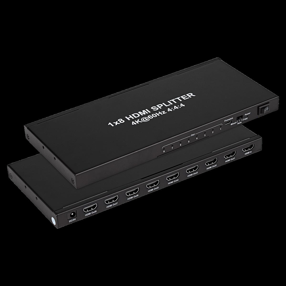 Zwei schwarze HDMI-Splitter-Boxen auf schwarzem Hintergrund.