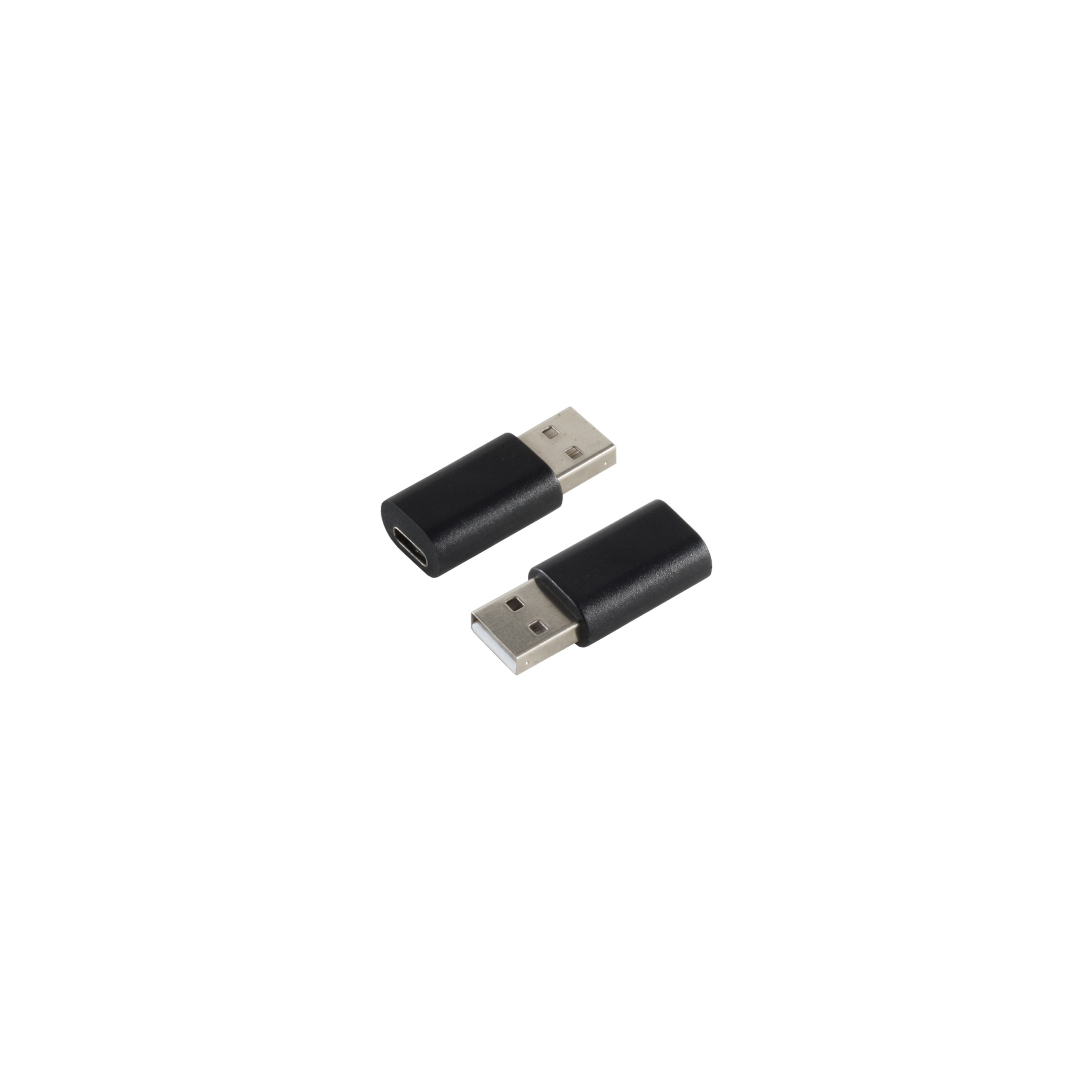 Zwei schwarze USB-Adapter auf weißem Hintergrund. Einer ist eingesteckt.