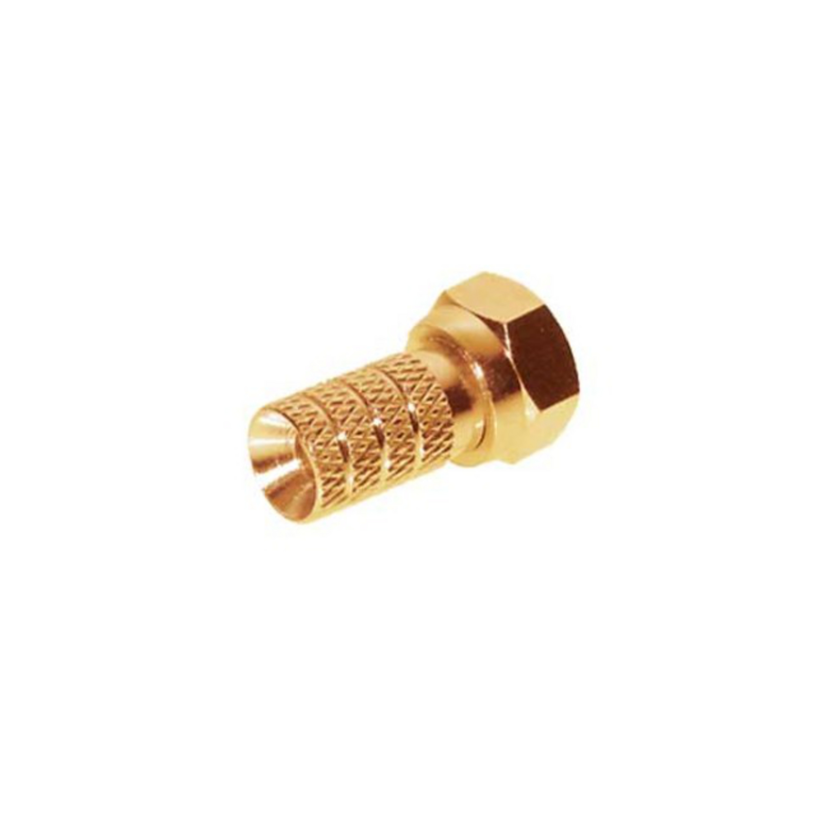 Ein goldfarbener Stecker mit sechseckigem Kopf auf weißem Hintergrund. Es ist ein Koaxialstecker.