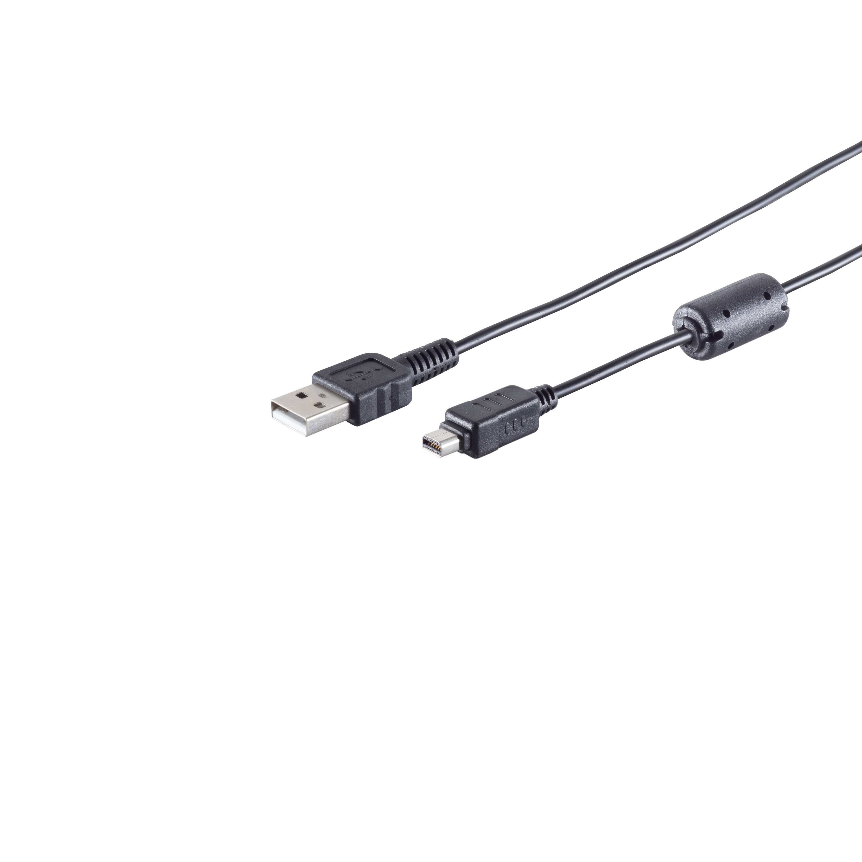 Schwarzes USB-Kabel mit zwei verschiedenen Anschlüssen, weißer Hintergrund.