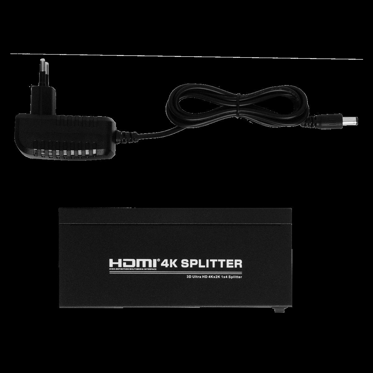 Ein HDMI 4K Splitter, Netzteil und ein Kabel werden auf dunkler Oberfläche angezeigt.