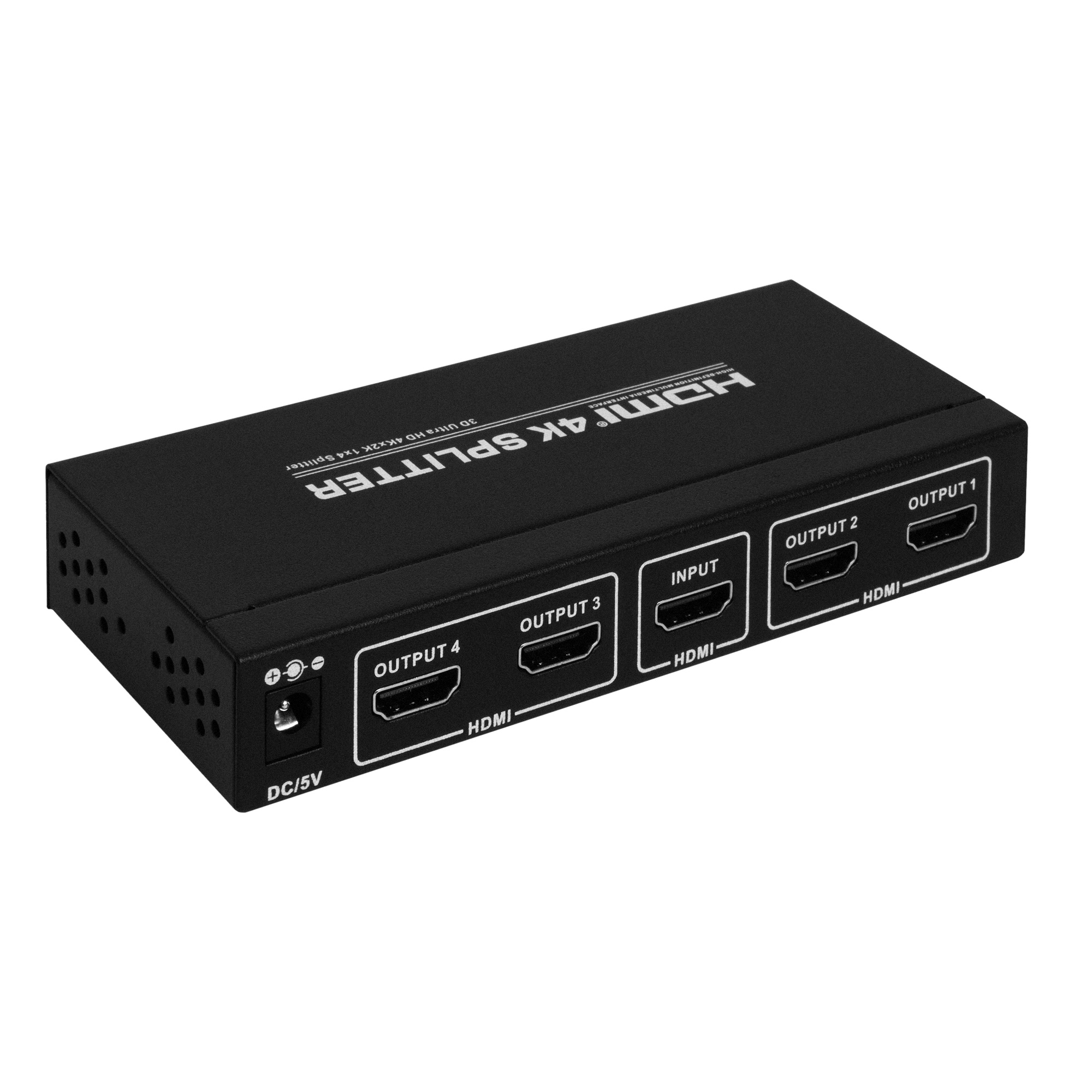 Ein schwarzer HDMI 4K-Splitter. Er hat mehrere Anschlüsse und liegt auf weißem Untergrund.