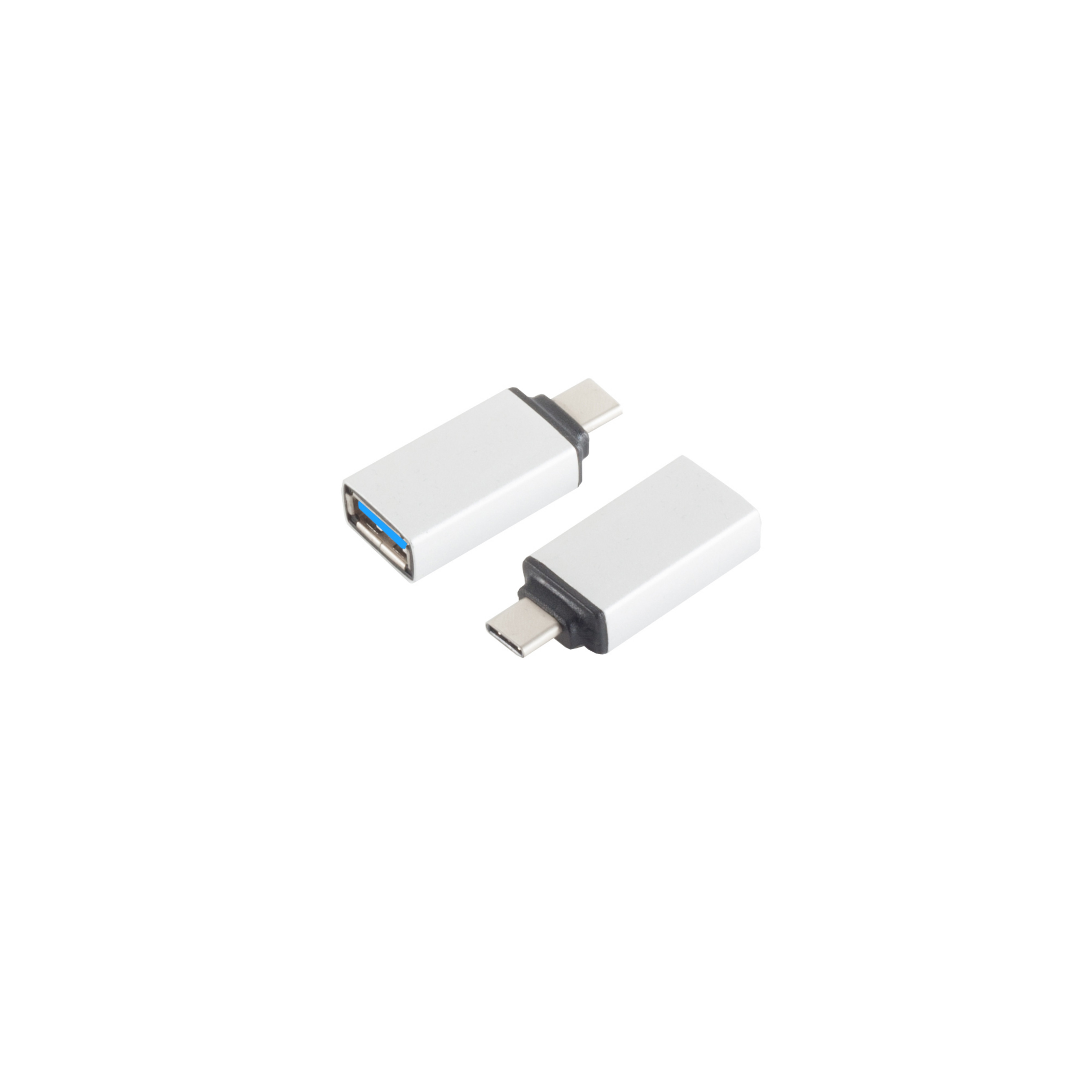 Zwei kleine, silberne USB-C-Adapter, auf weißem Hintergrund dargestellt.