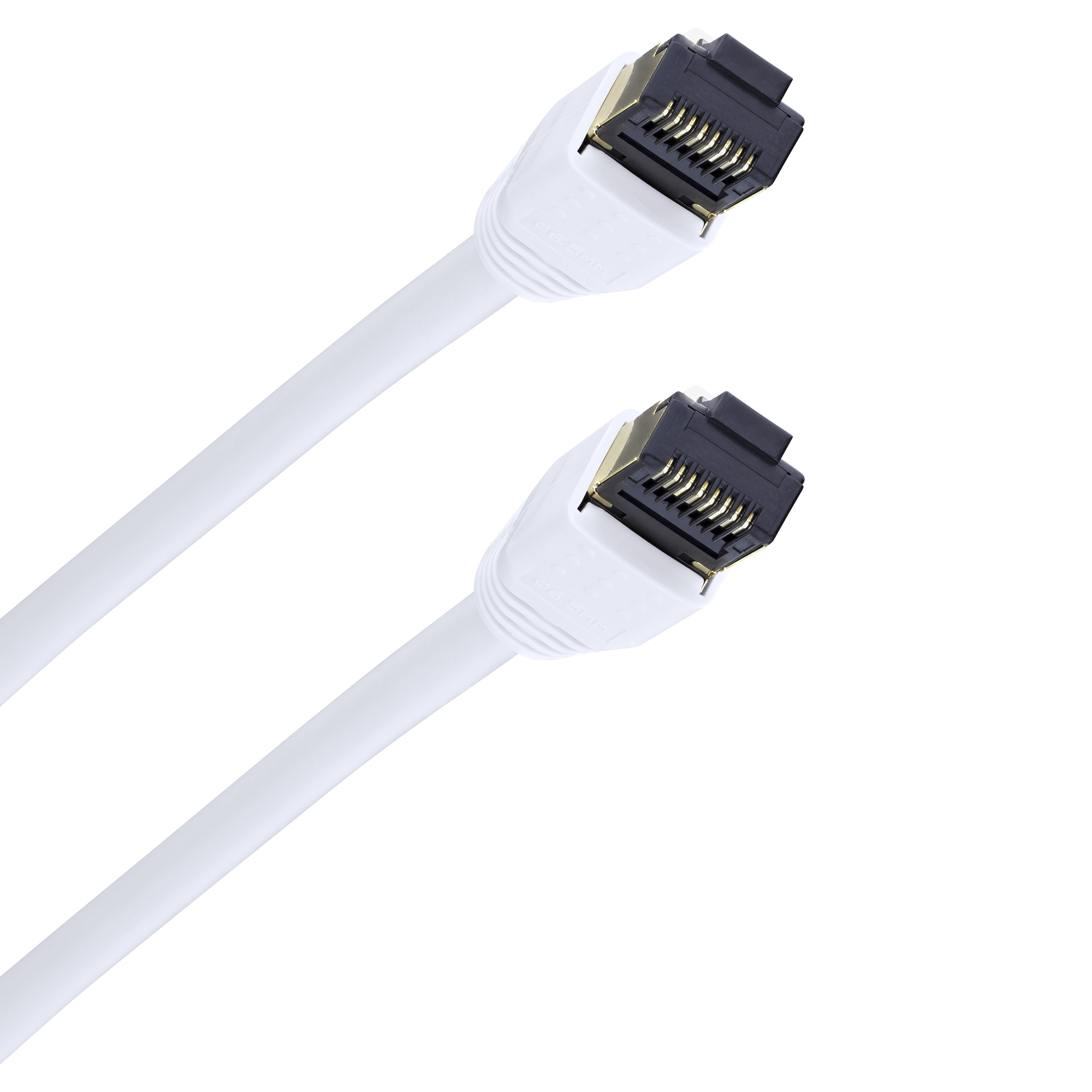 Zwei weiße Ethernet-Kabel mit Steckern auf weißem Hintergrund.
