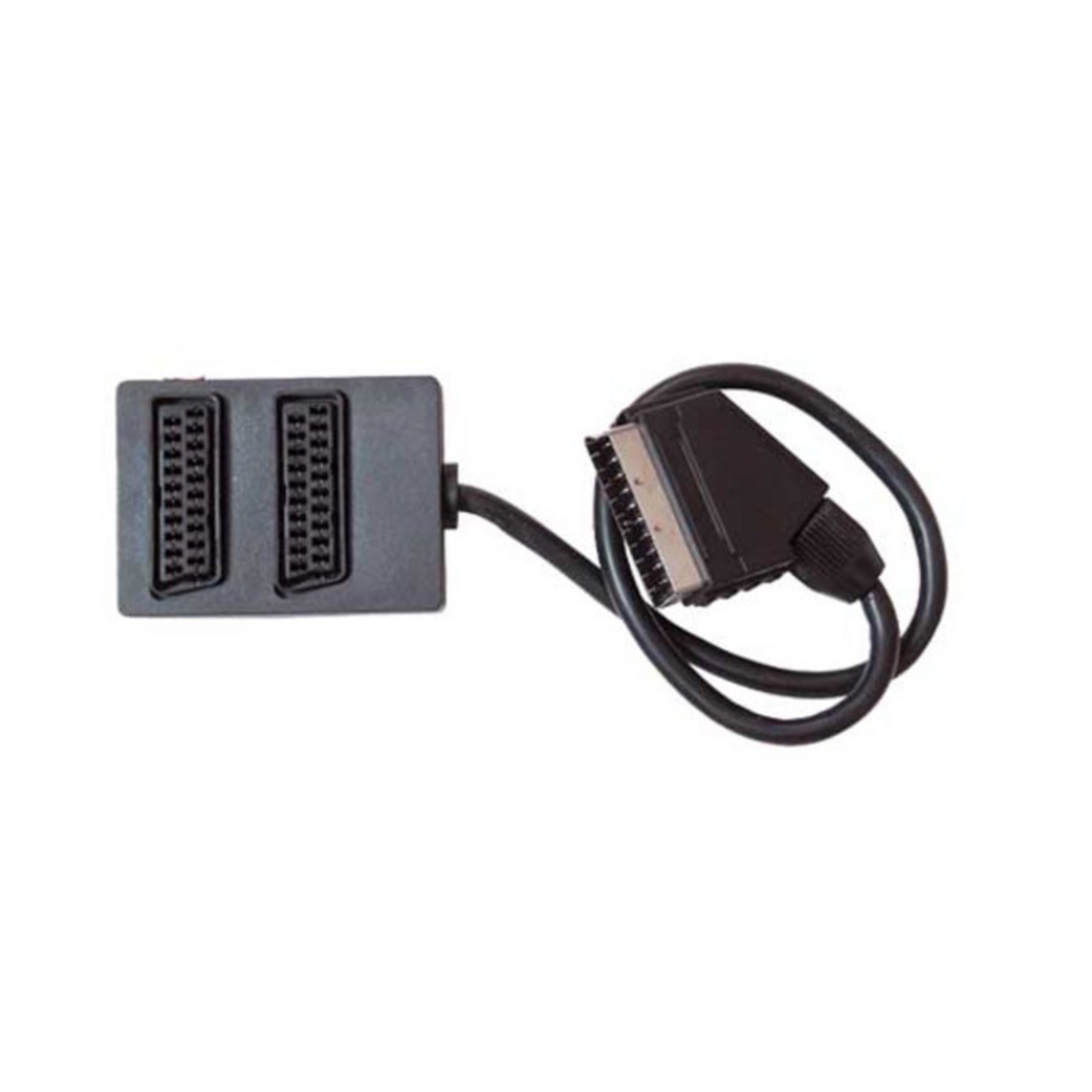 Schwarzer SCART-Splitter mit zwei Anschlüssen an einem Ende und einem einzelnen SCART am anderen.