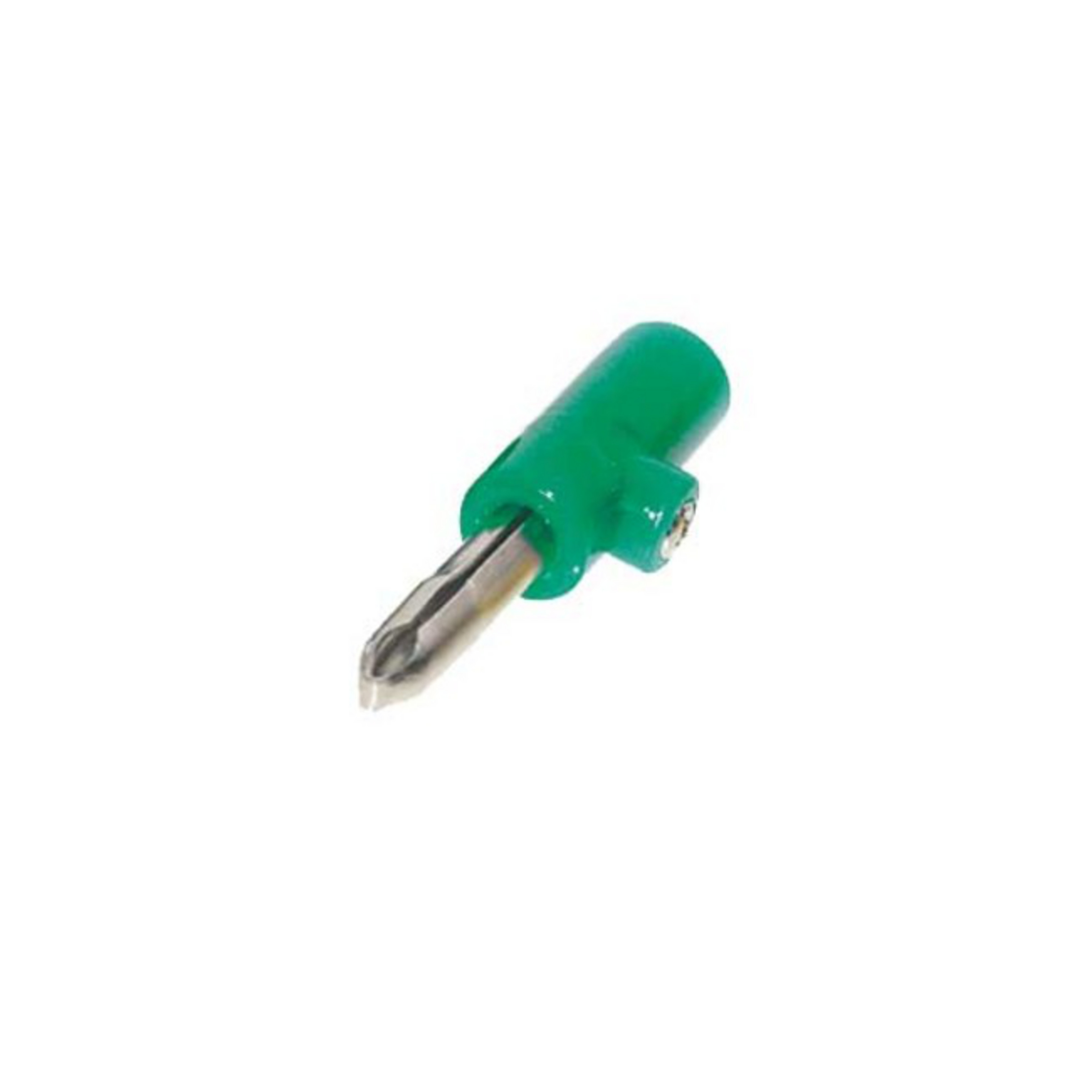 Grüner und silberner Bananenstecker. Für Elektronik oder Tests.