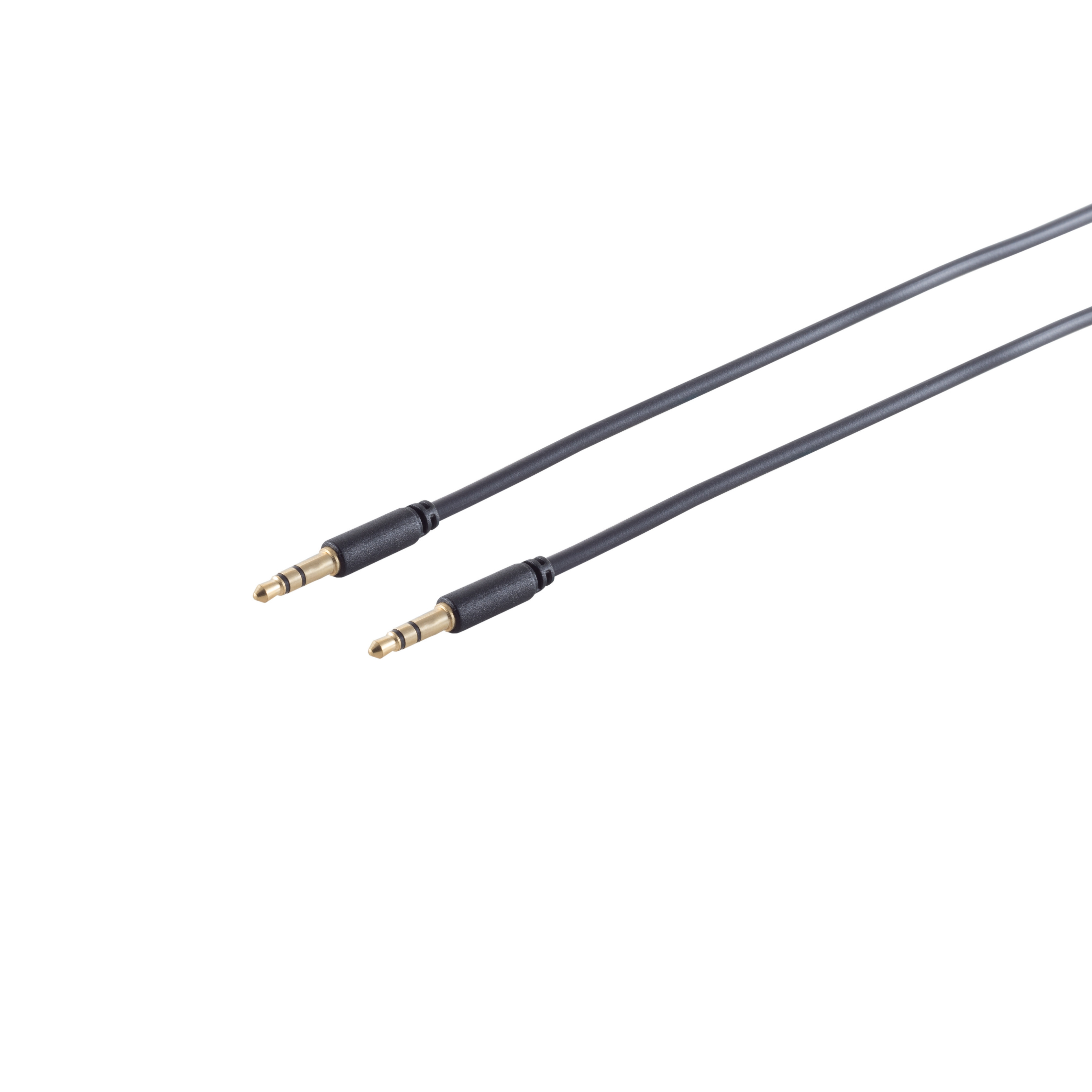 Zwei schwarze Audiokabel mit goldenen Steckern auf weißem Hintergrund.