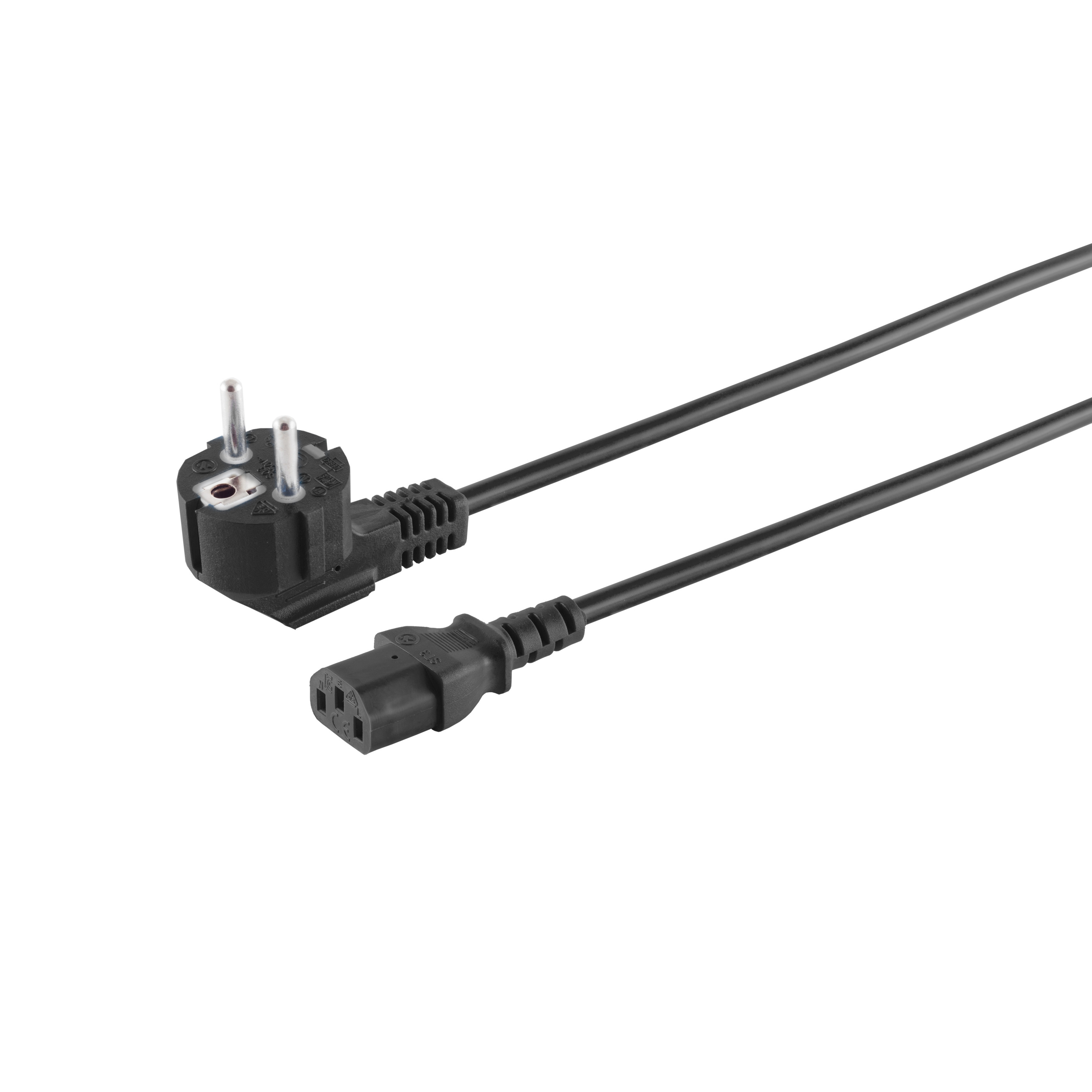 Schwarzes Netzkabel mit Stecker und Buchse auf weißem Hintergrund.