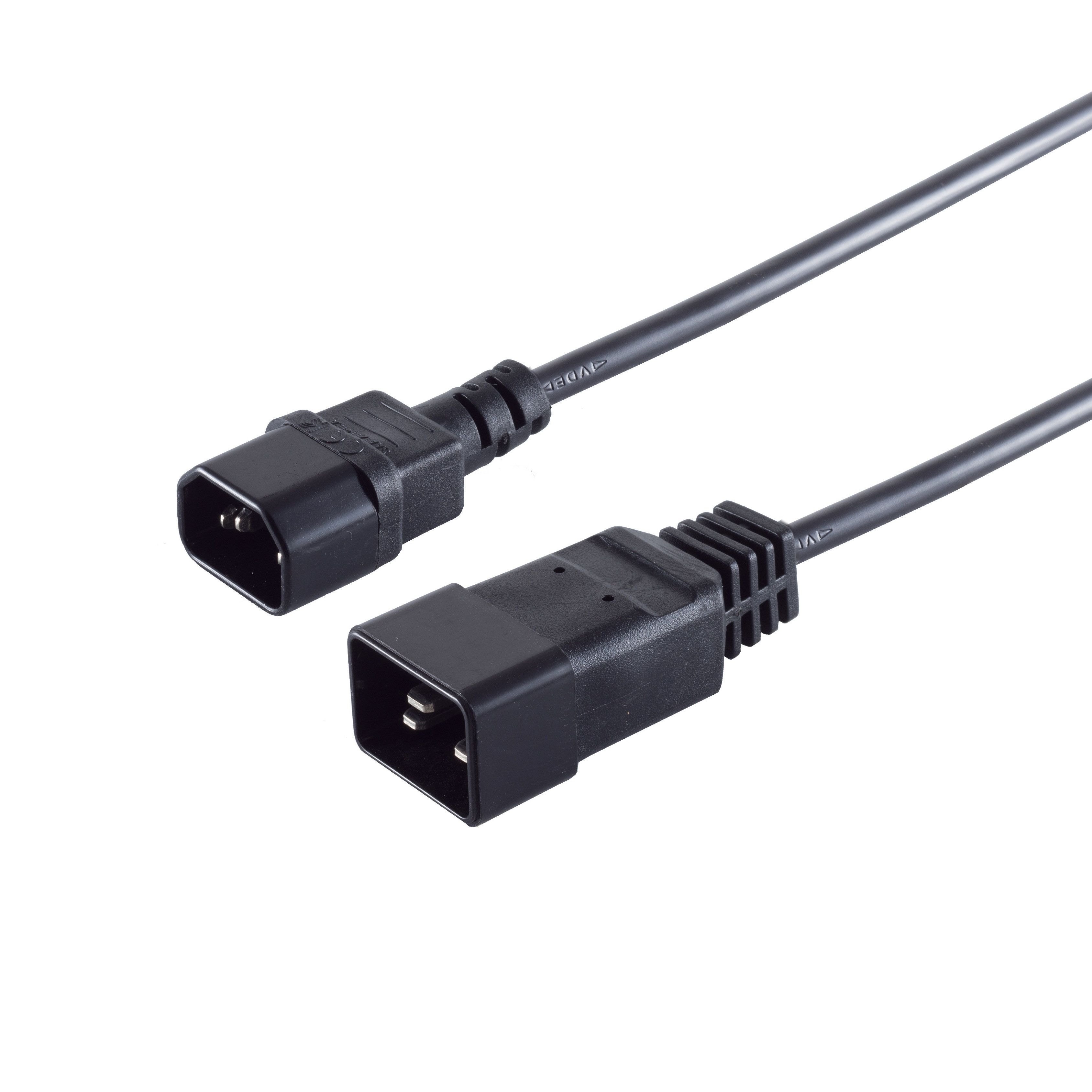 Ein schwarzes Netzkabel mit zwei schwarzen Steckern auf weißem Hintergrund.