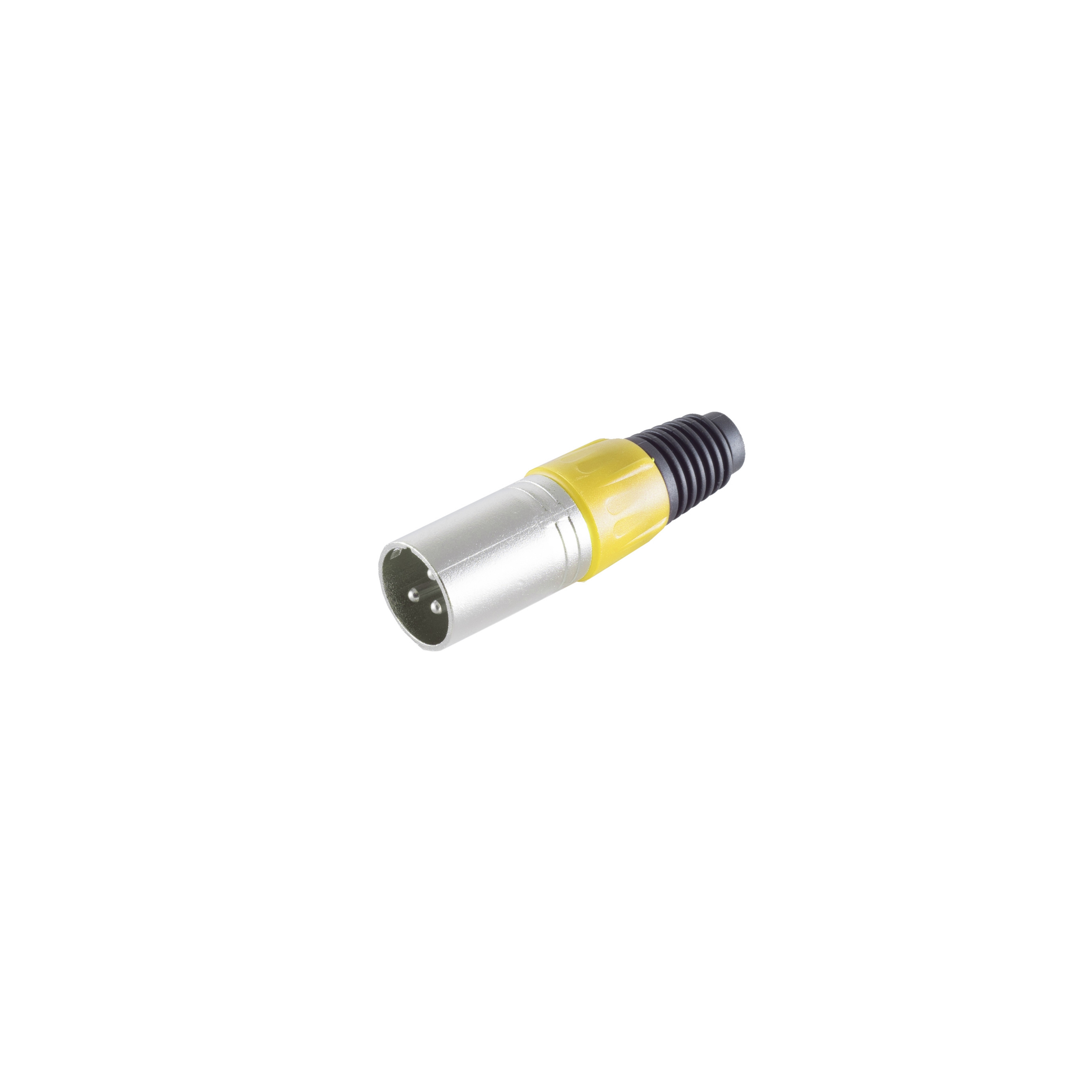 Ein silberner XLR-Stecker mit gelben und schwarzen Akzenten auf weißem Hintergrund.