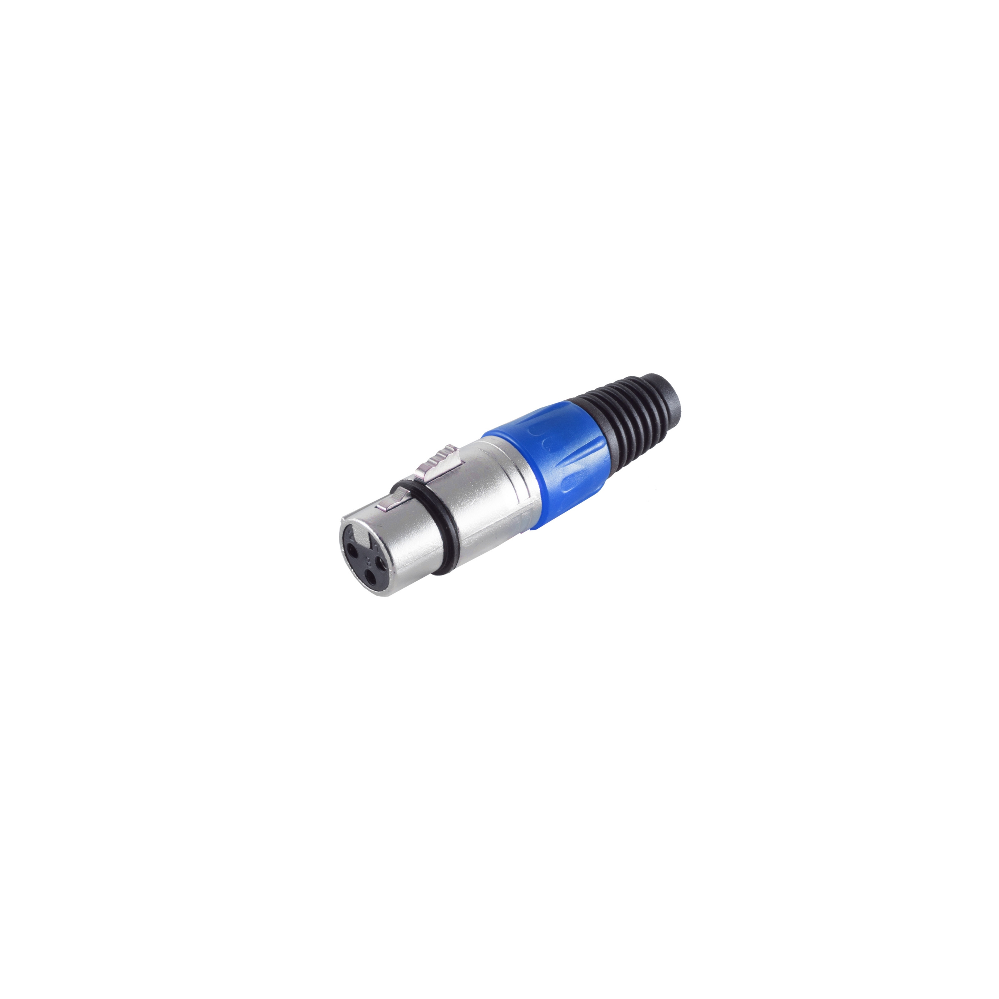 Ein silberner und blauer XLR-Stecker. Er befindet sich auf weißem Hintergrund.