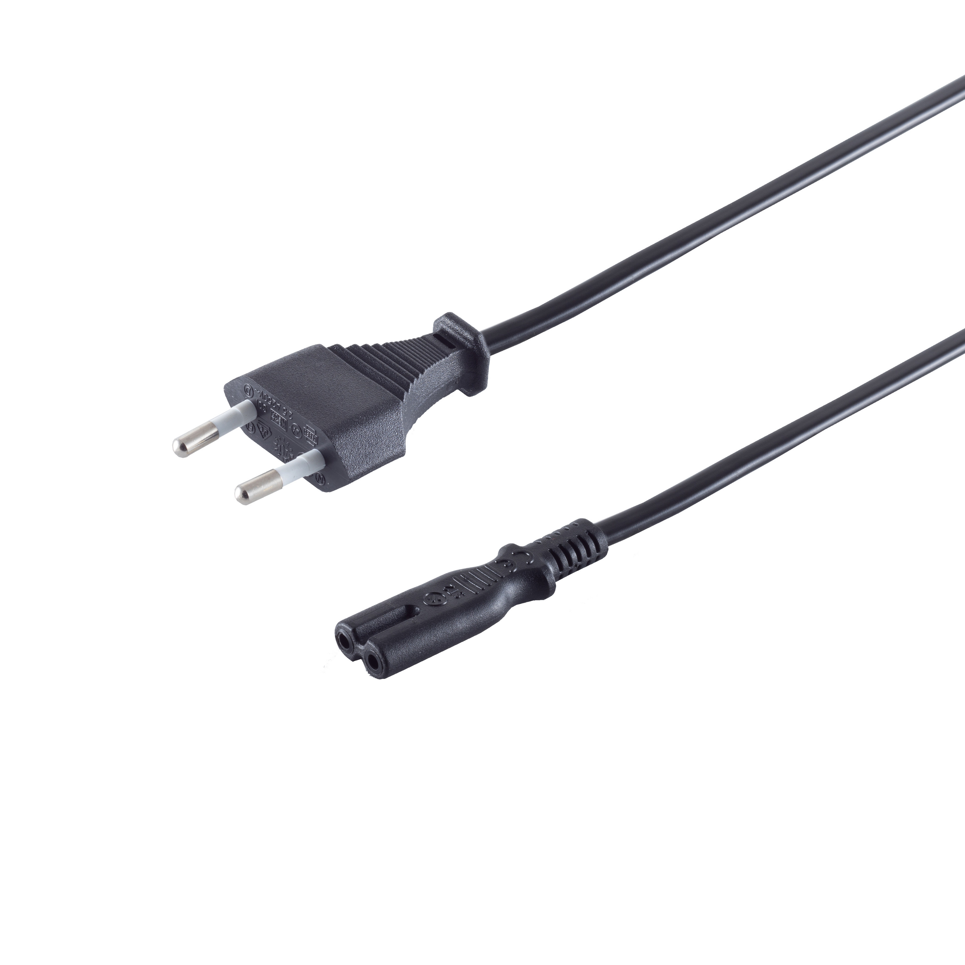 Schwarzes Netzkabel mit Zweipolstecker und Zweilochbuchse auf Weiß.