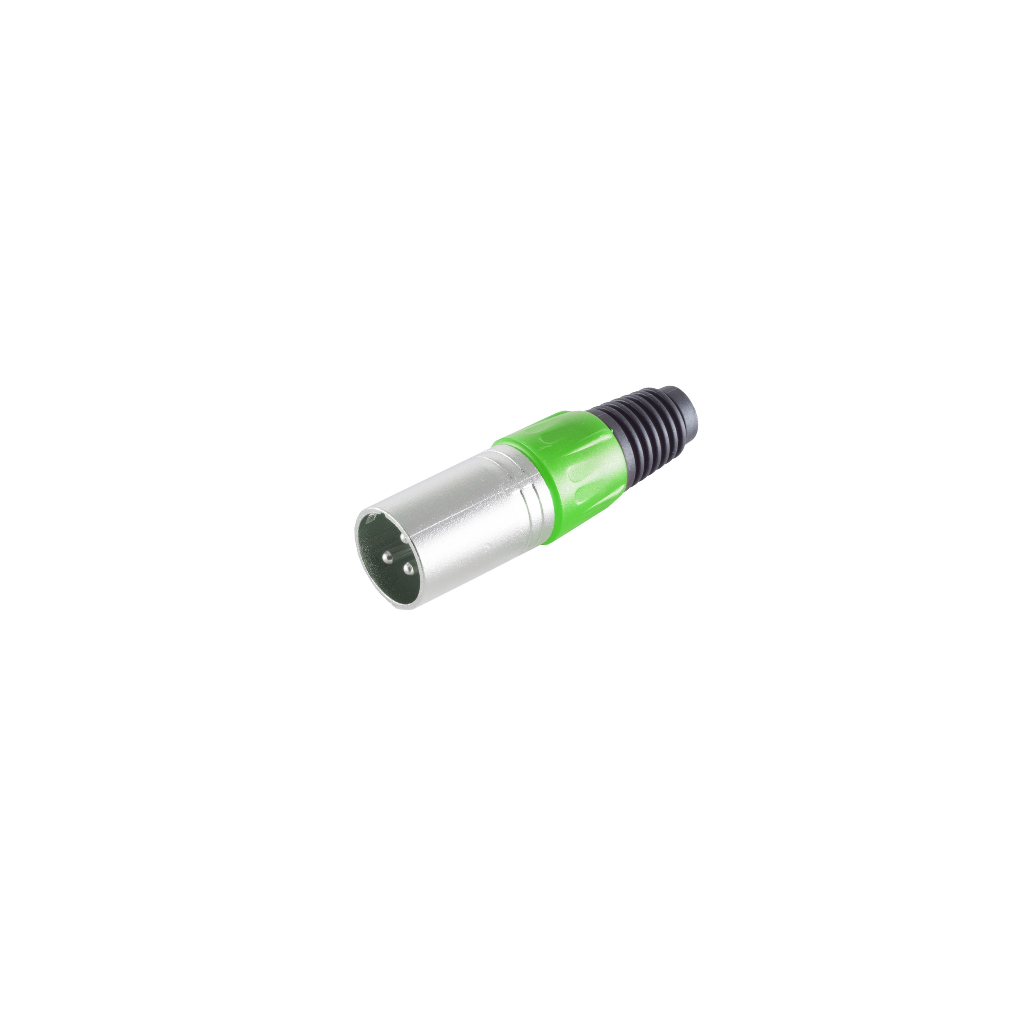 Ein silberner und grüner XLR-Stecker. Es ist ein Stecker auf weißem Hintergrund.