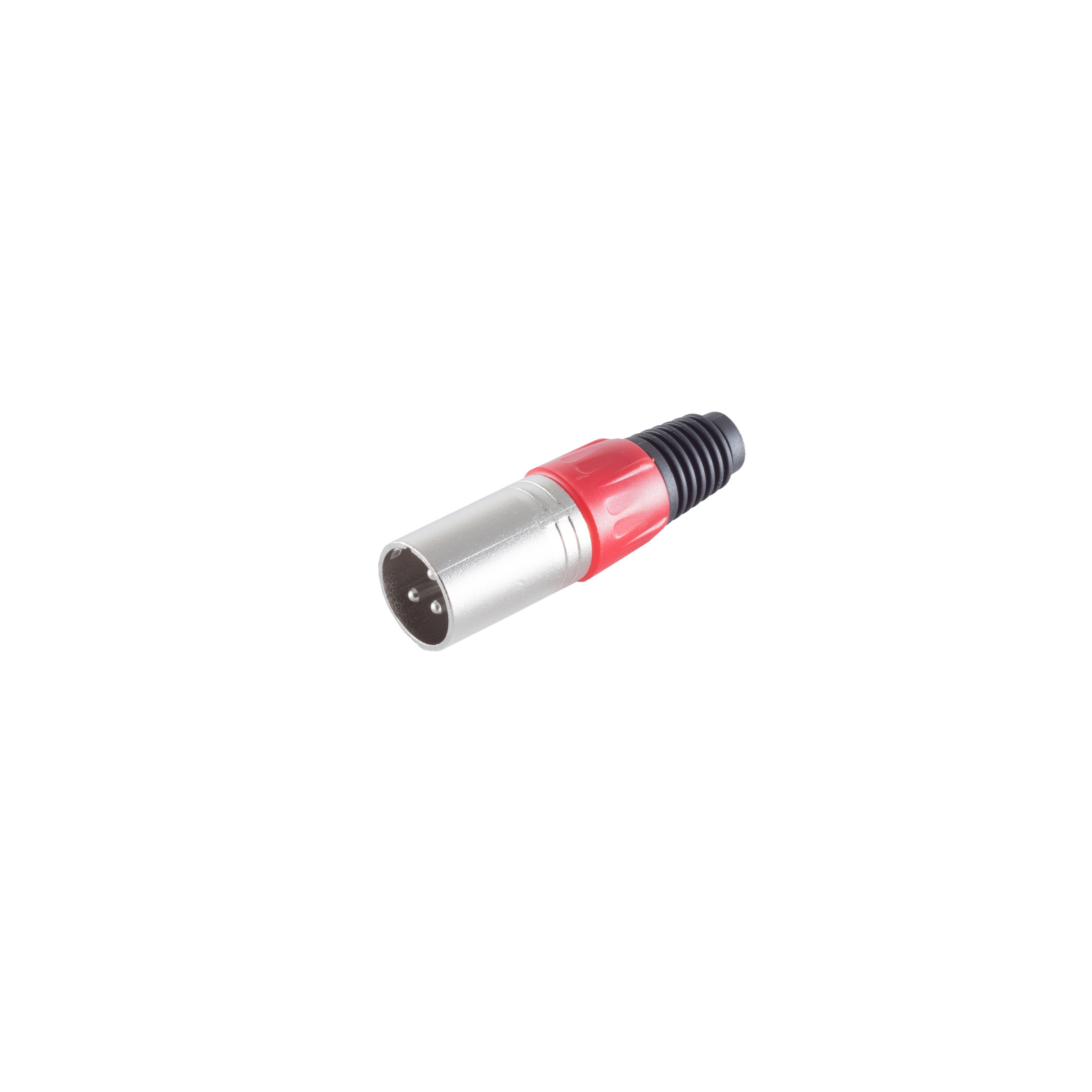 Silberner und roter XLR-Stecker auf weißem Hintergrund. Er hat drei Stifte.