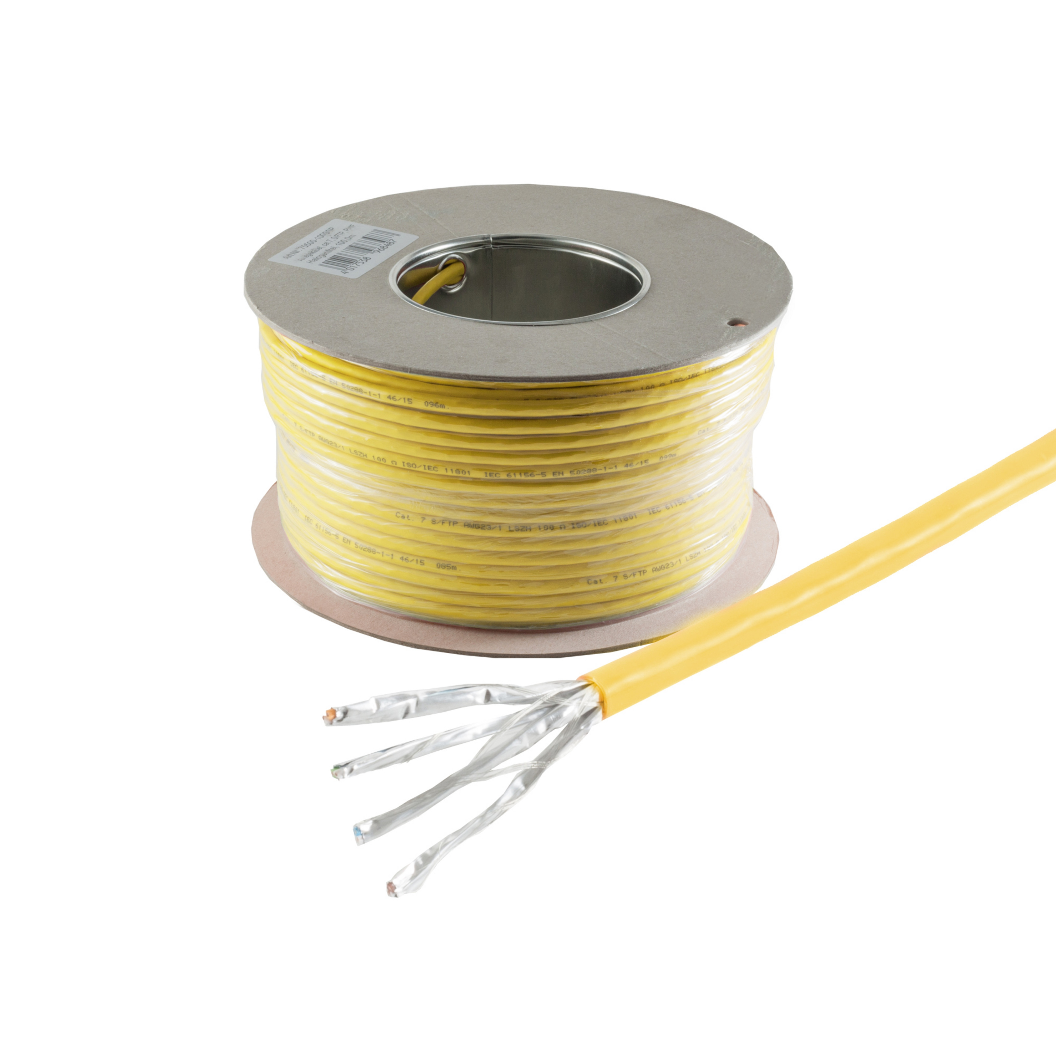Gelbes Kabel auf einer Spule. Mehrere Drähte sind an einem Ende getrennt.