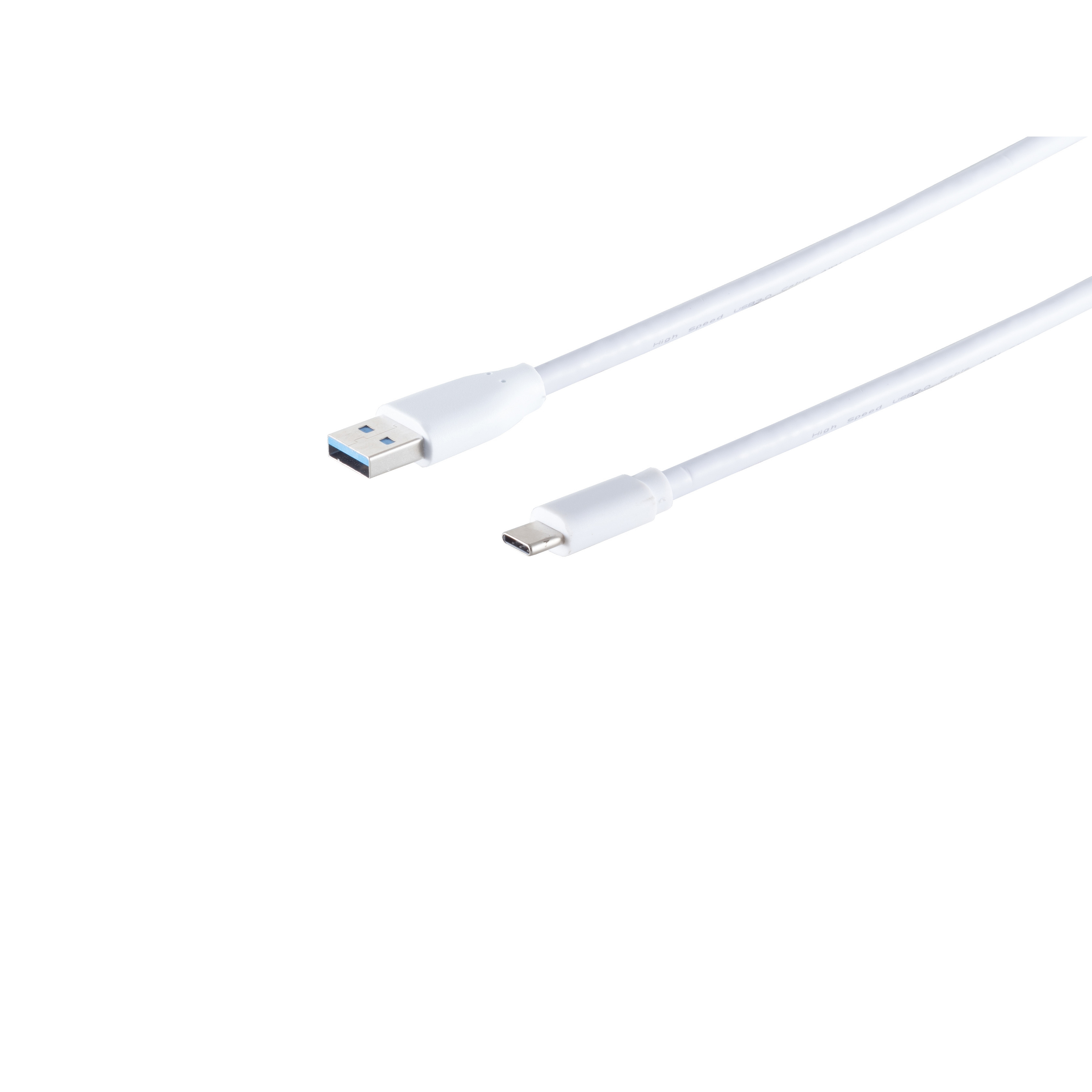 Ein weißes USB-Kabel mit einem USB-A- und einem USB-C-Anschluss auf weißem Hintergrund.