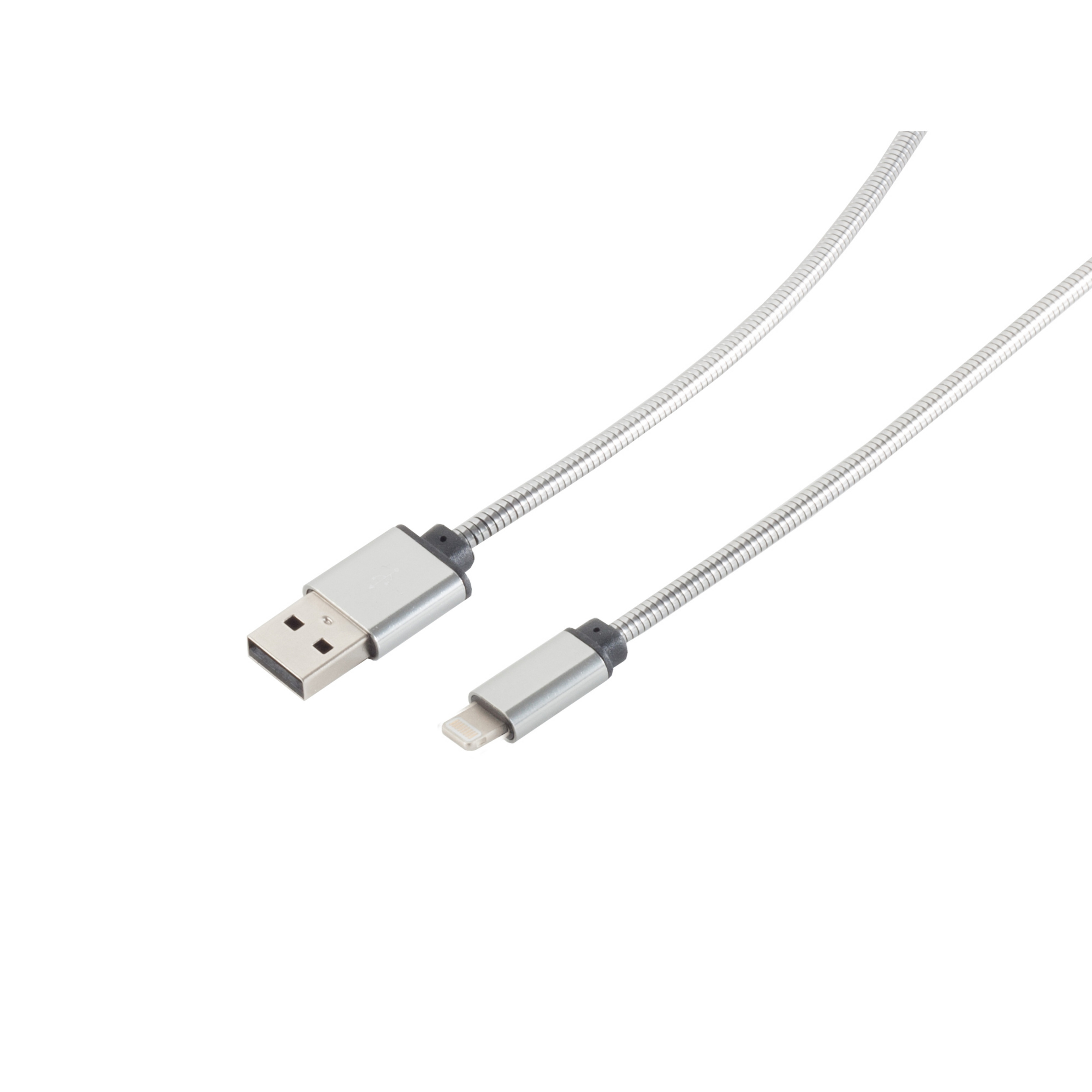 Un cavo USB a Lightning con un design metallico a spirale. È su una superficie bianca.