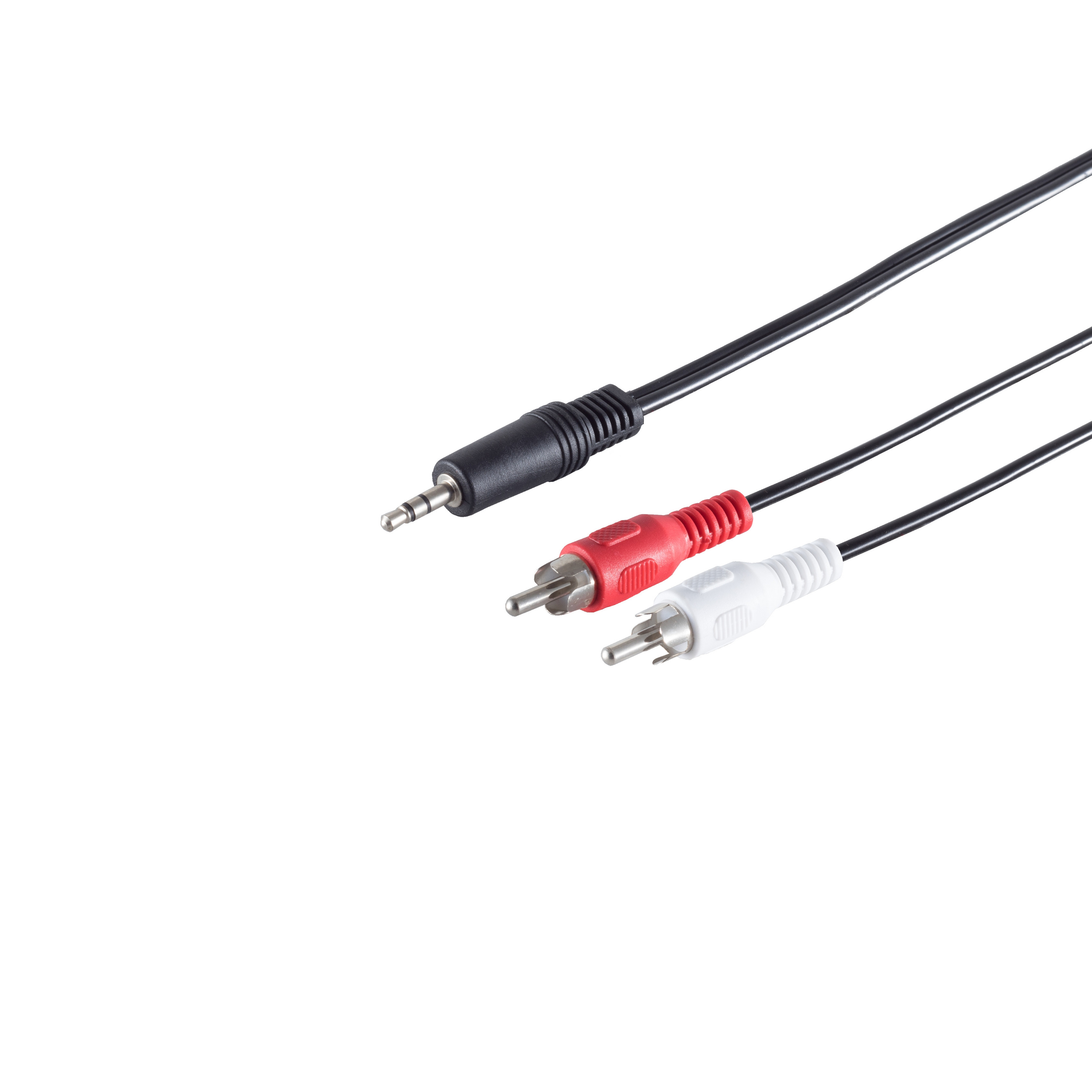 Audiokabel mit 3,5-mm-Klinke, rot/weißen Cinch-Anschlüssen und schwarzem Kabel.