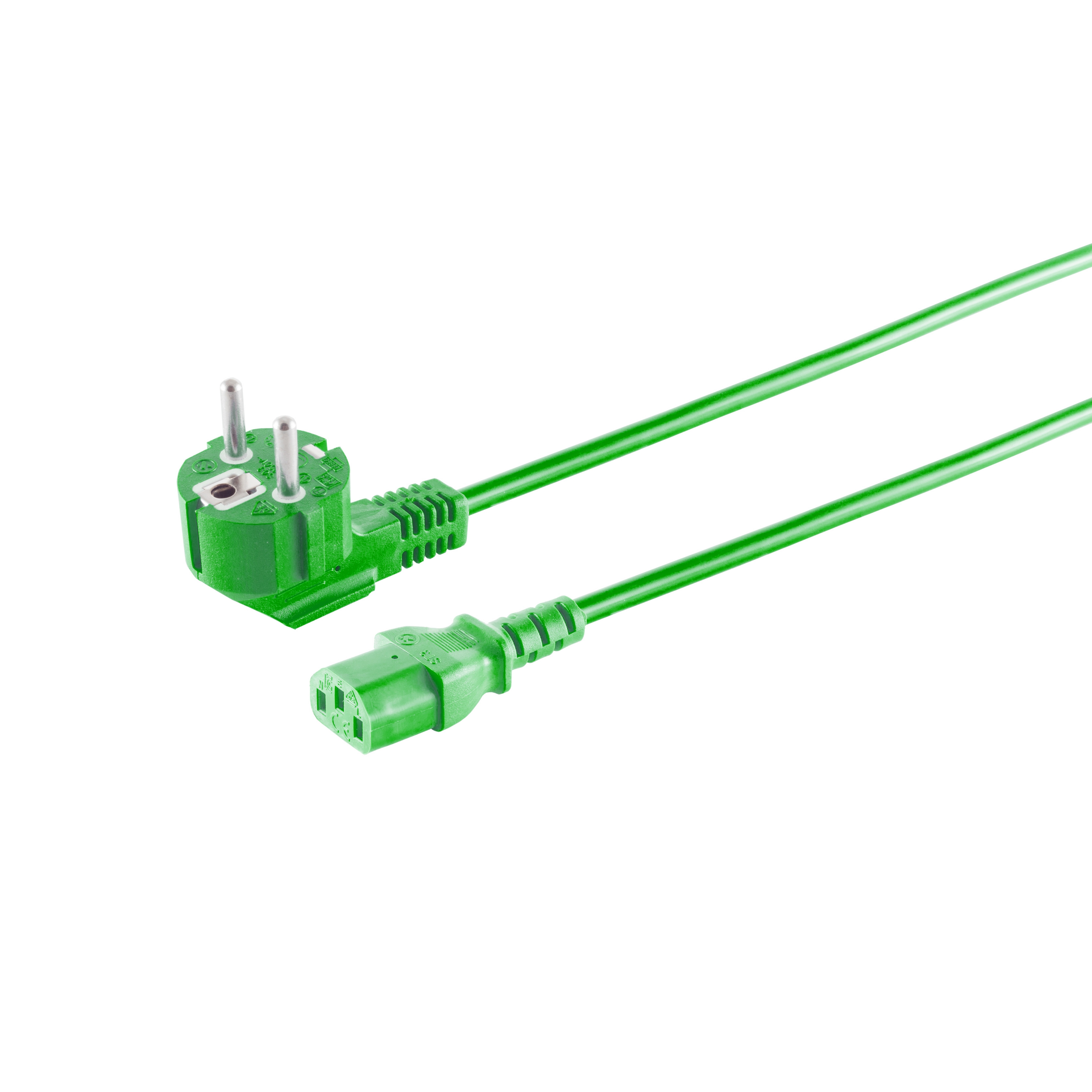Grünes Netzkabel mit Stecker und Buchse auf weißem Hintergrund.
