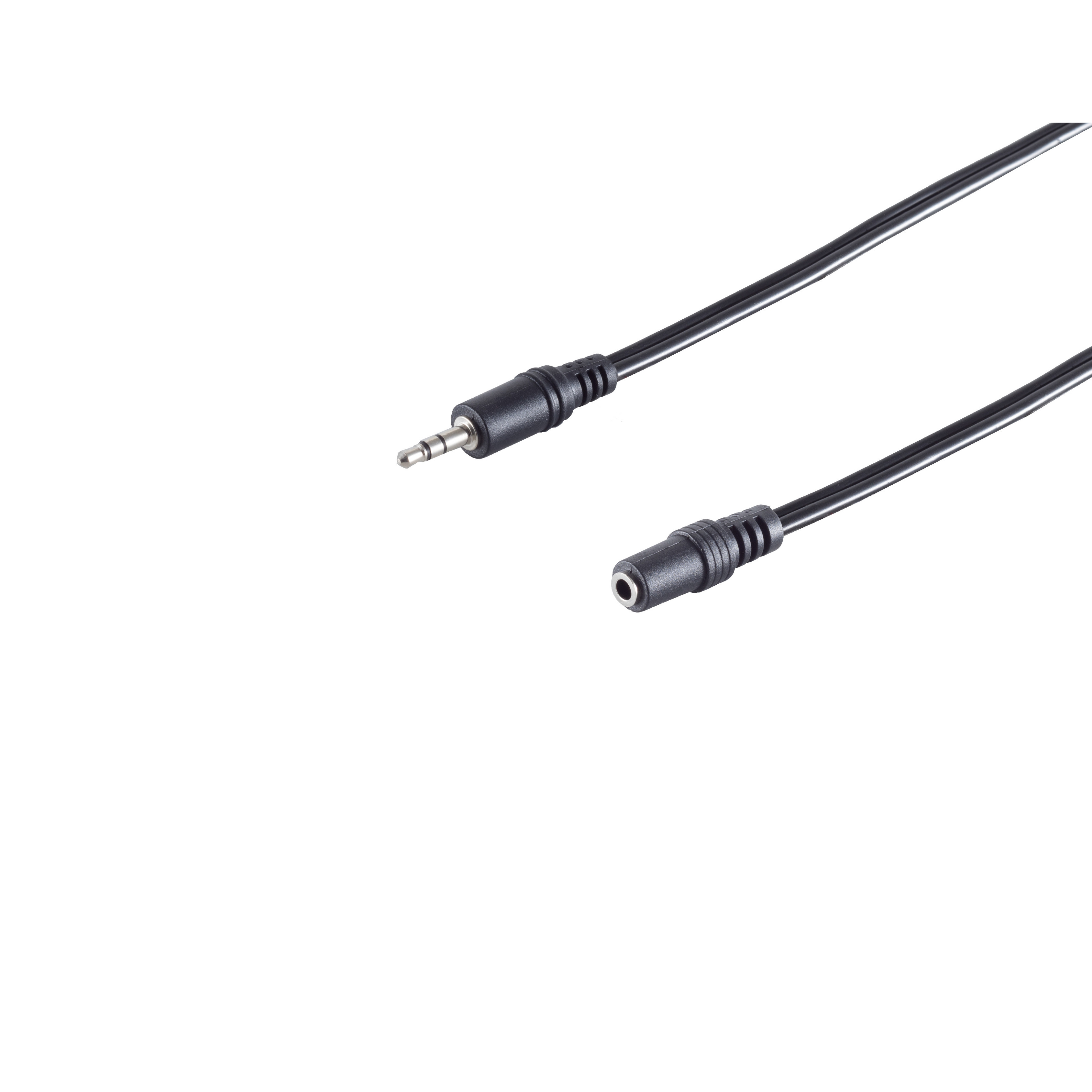 Ein schwarzes Audiokabel mit 3,5-mm-Stecker und -Buchse, auf weißem Hintergrund.