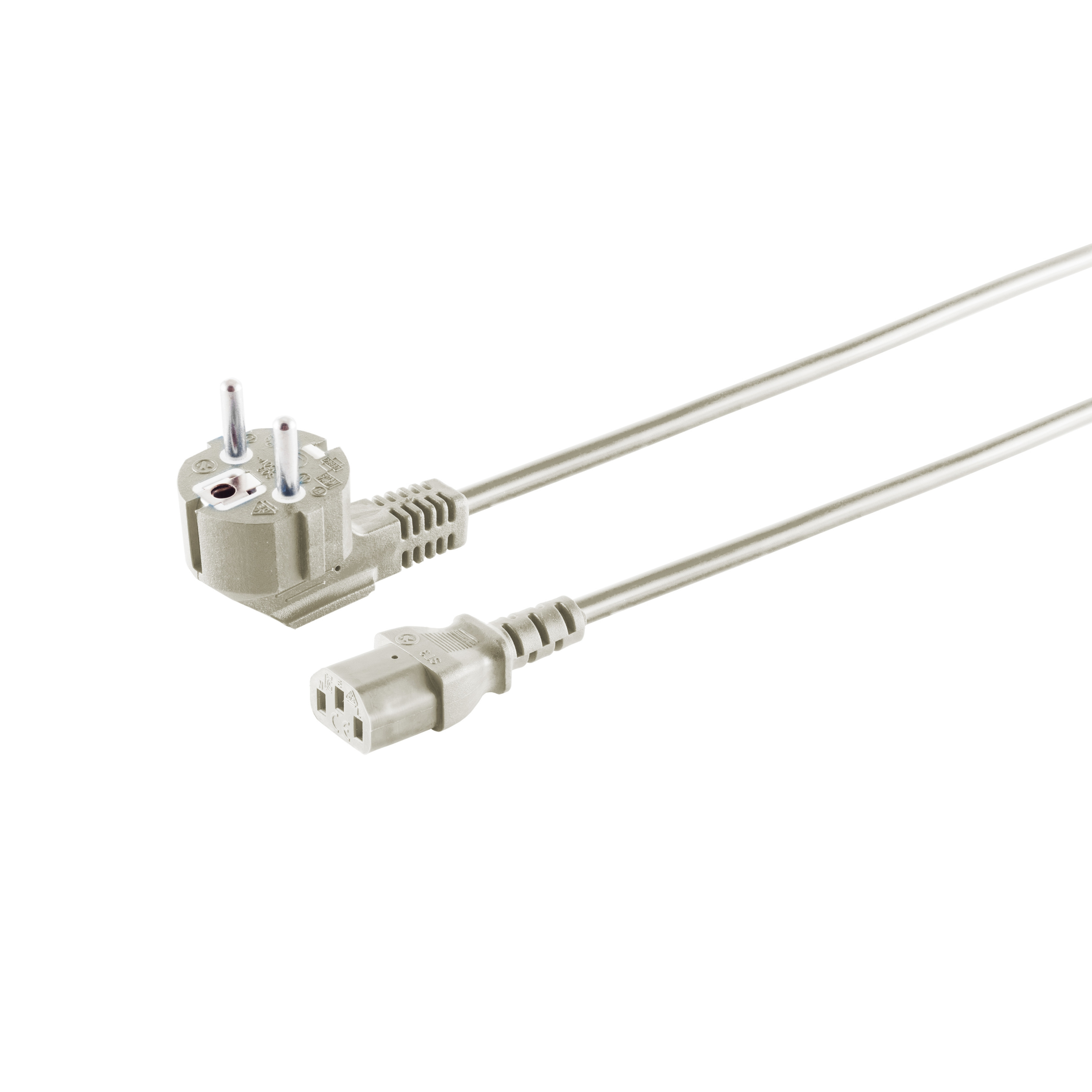 Netzkabel mit grauem Stecker und Buchse. Das Kabel hat eine graue Farbe. Der Hintergrund ist weiß.