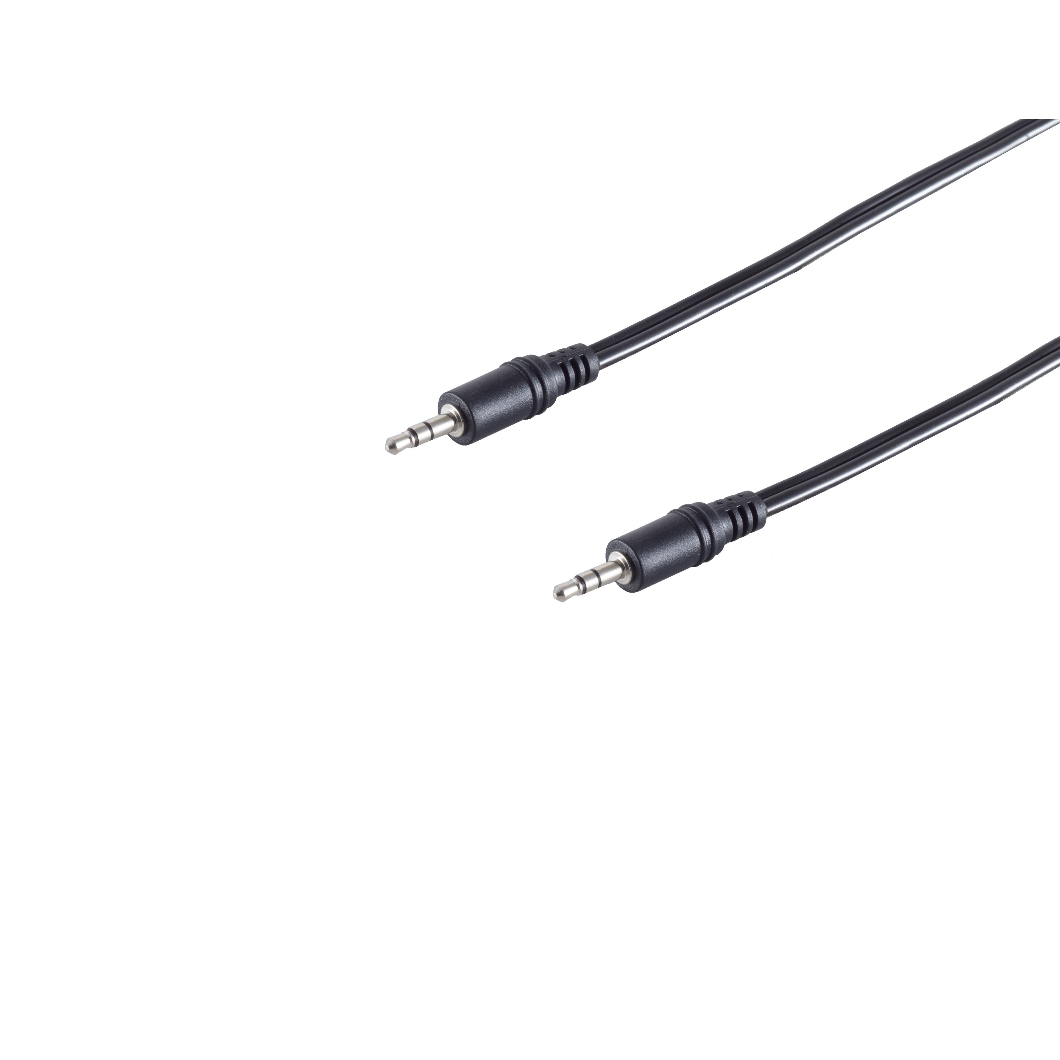 Zwei schwarze Audiokabel, jedes mit einem 3,5-mm-Stecker, auf weißem Hintergrund.