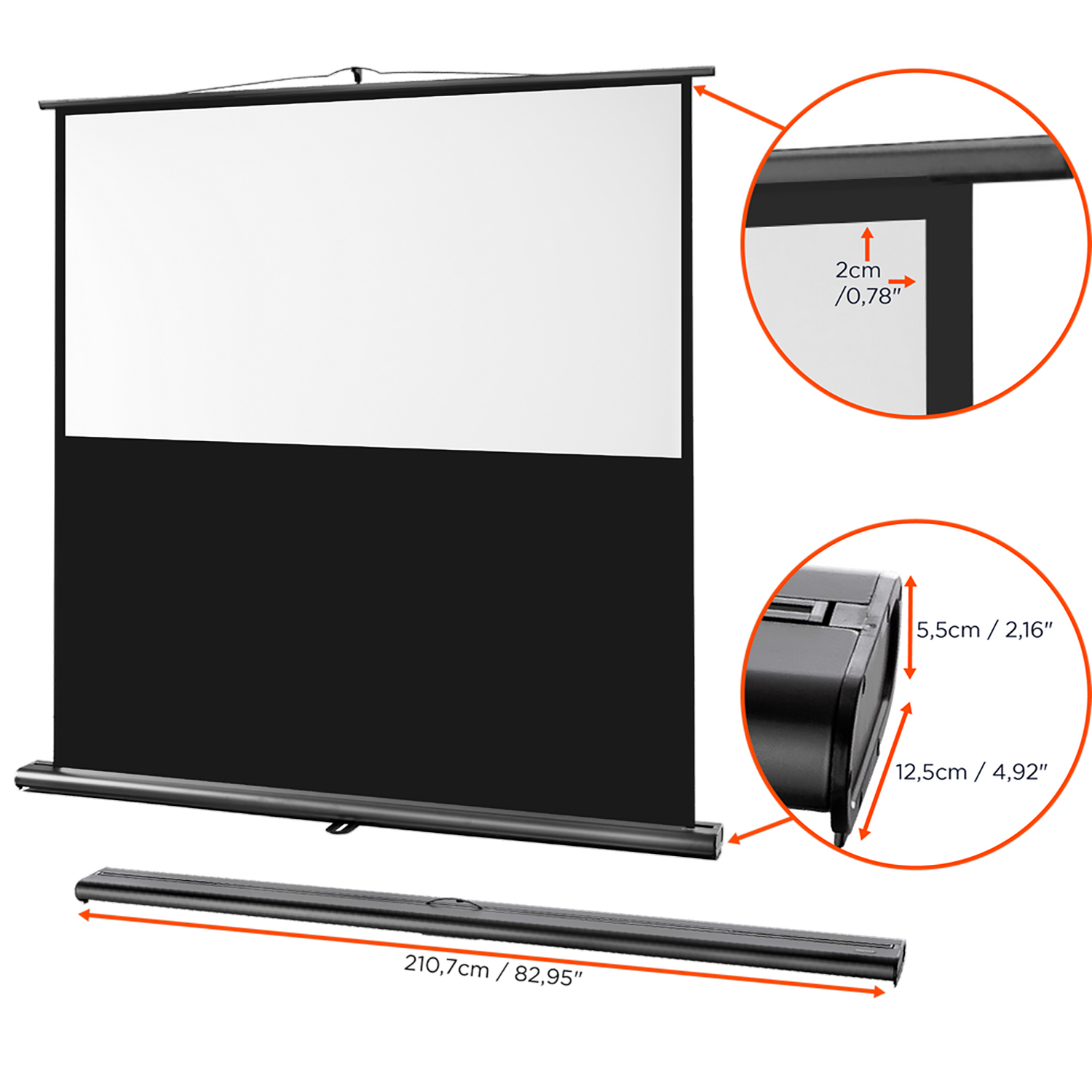 Weiße Projektorleinwand mit Abmessungen und schwarzem Gehäuse. Weißer Hintergrund.