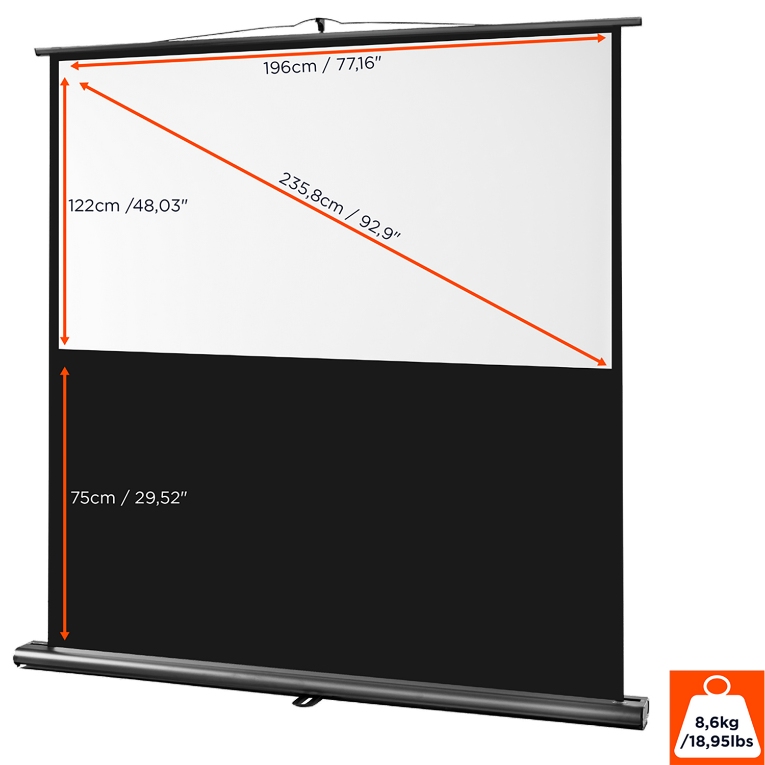 Projektorleinwand mit schwarzen und weißen Abschnitten, mit Abmessungen und Gewicht.