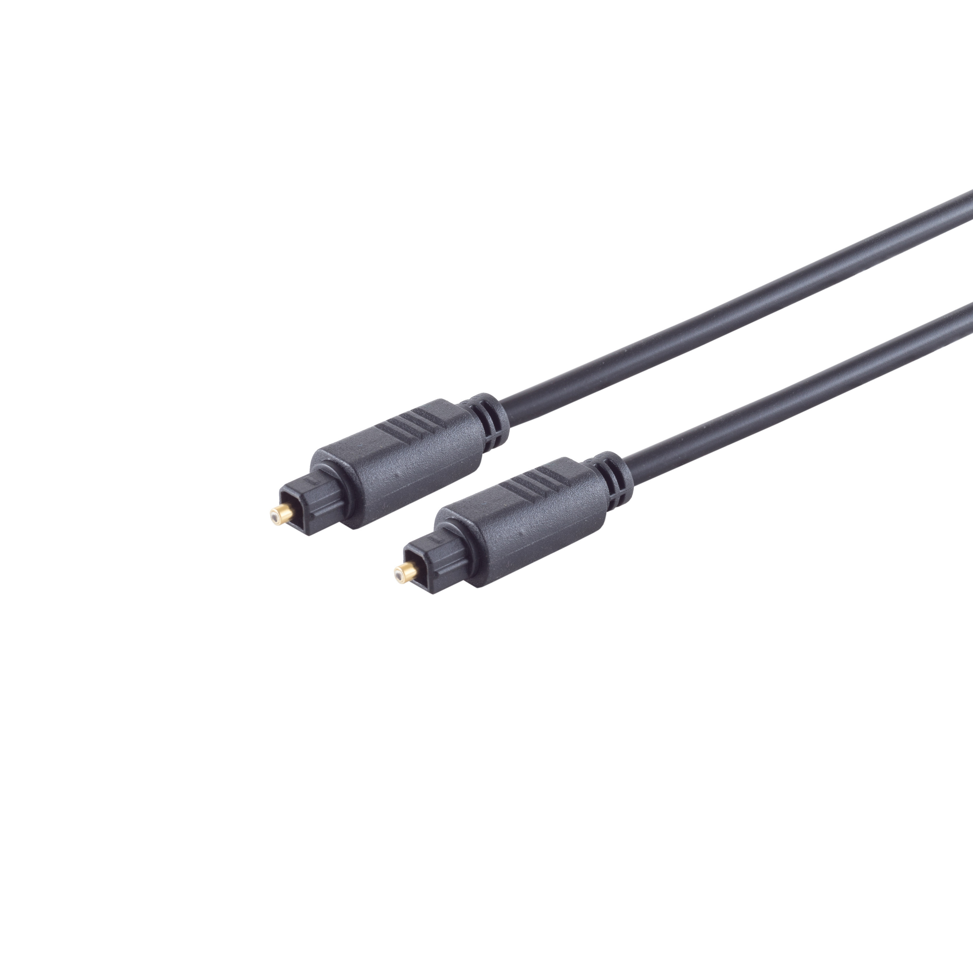 Schwarzes optisches Audiokabel mit Anschlüssen auf weißem Hintergrund.