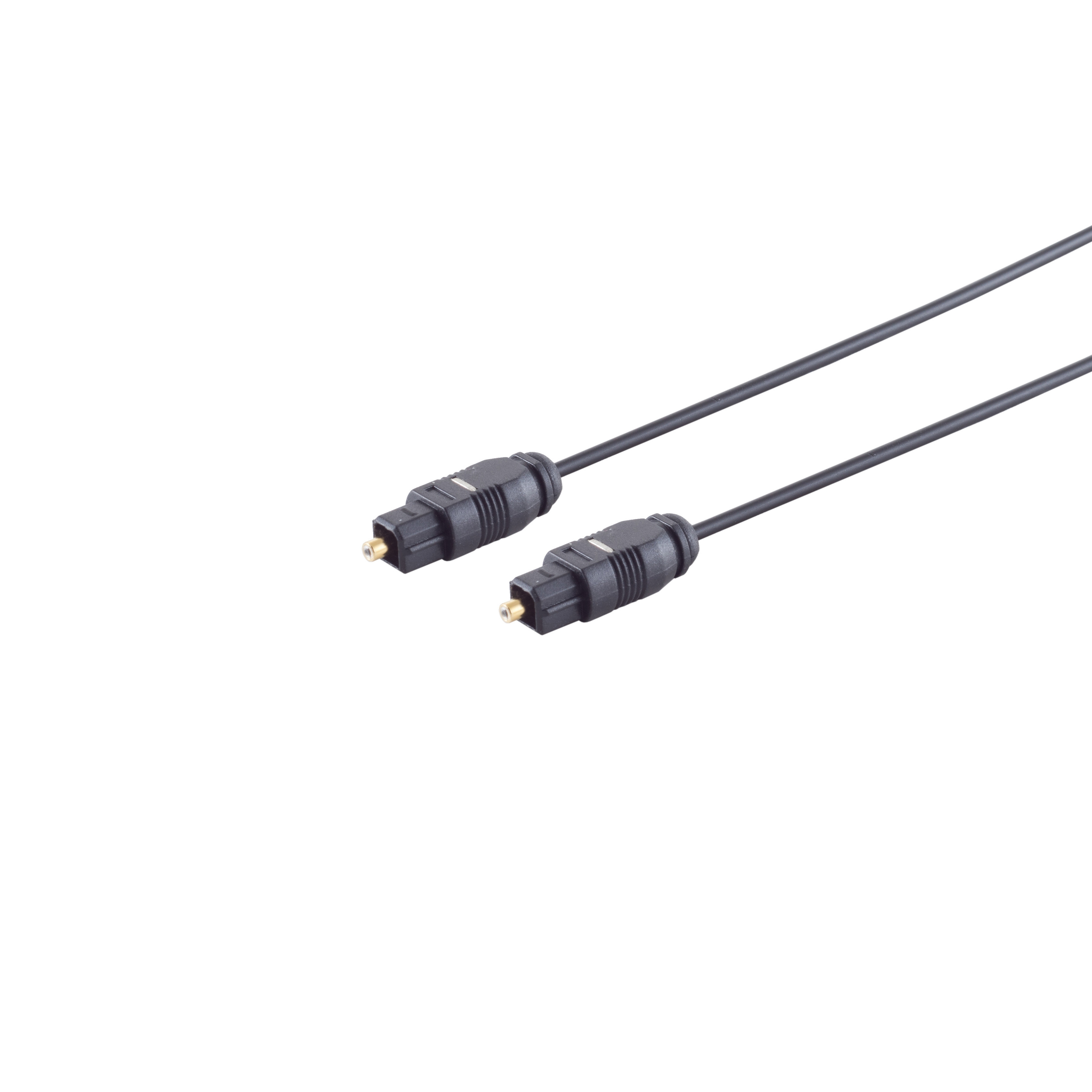 Optisches Audiokabel mit schwarzen Steckern, weißer Hintergrund.