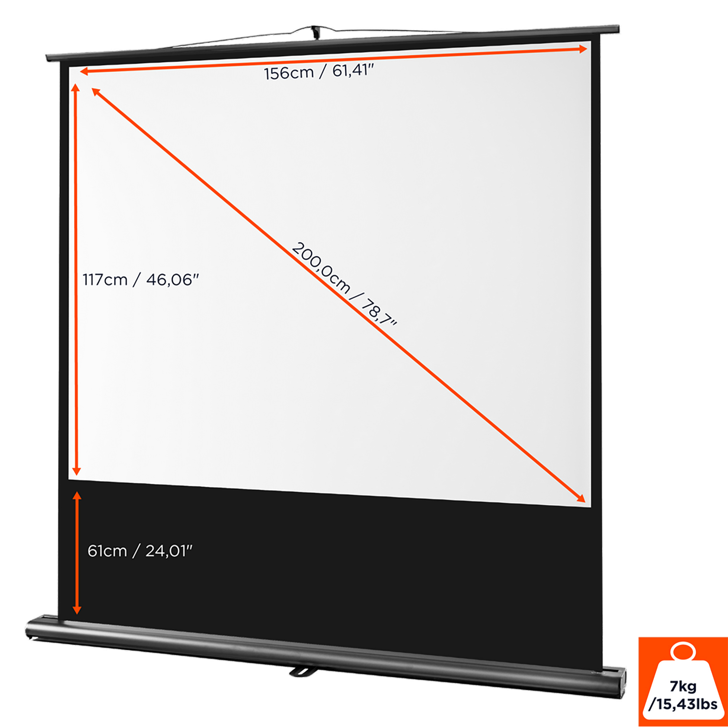 Écran de projection blanc avec dimensions en cm/pouces. Bordure et base noires. Poids : 7 kg.