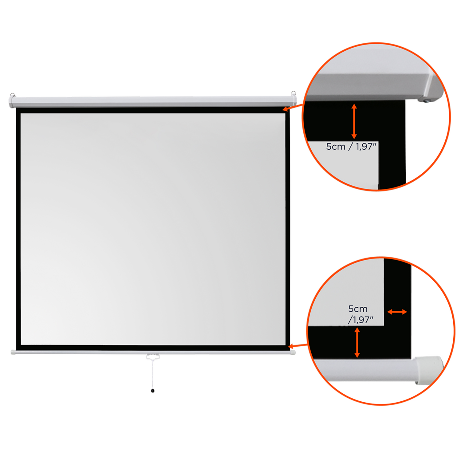Eine weiße Projektorleinwand mit schwarzen Rändern. Zwei vergrößerte Ecken mit Größenangaben.