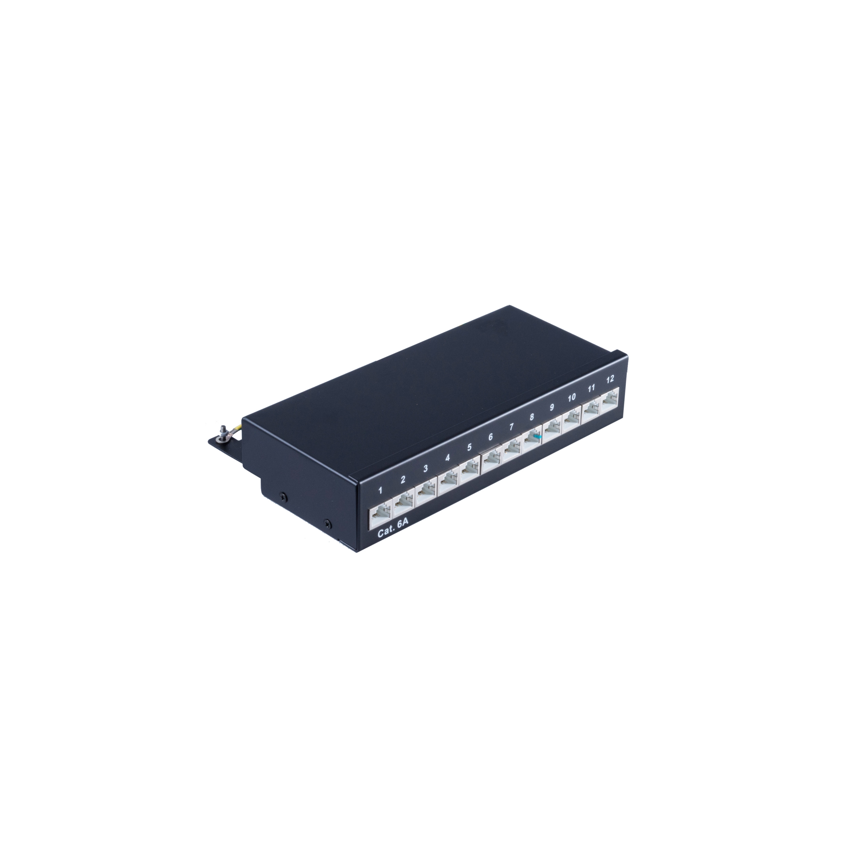 Ein schwarzes Netzwerk-Patchpanel mit 12 RJ45-Anschlüssen. Zahlen sind vorne, die Rückseite sichtbar.