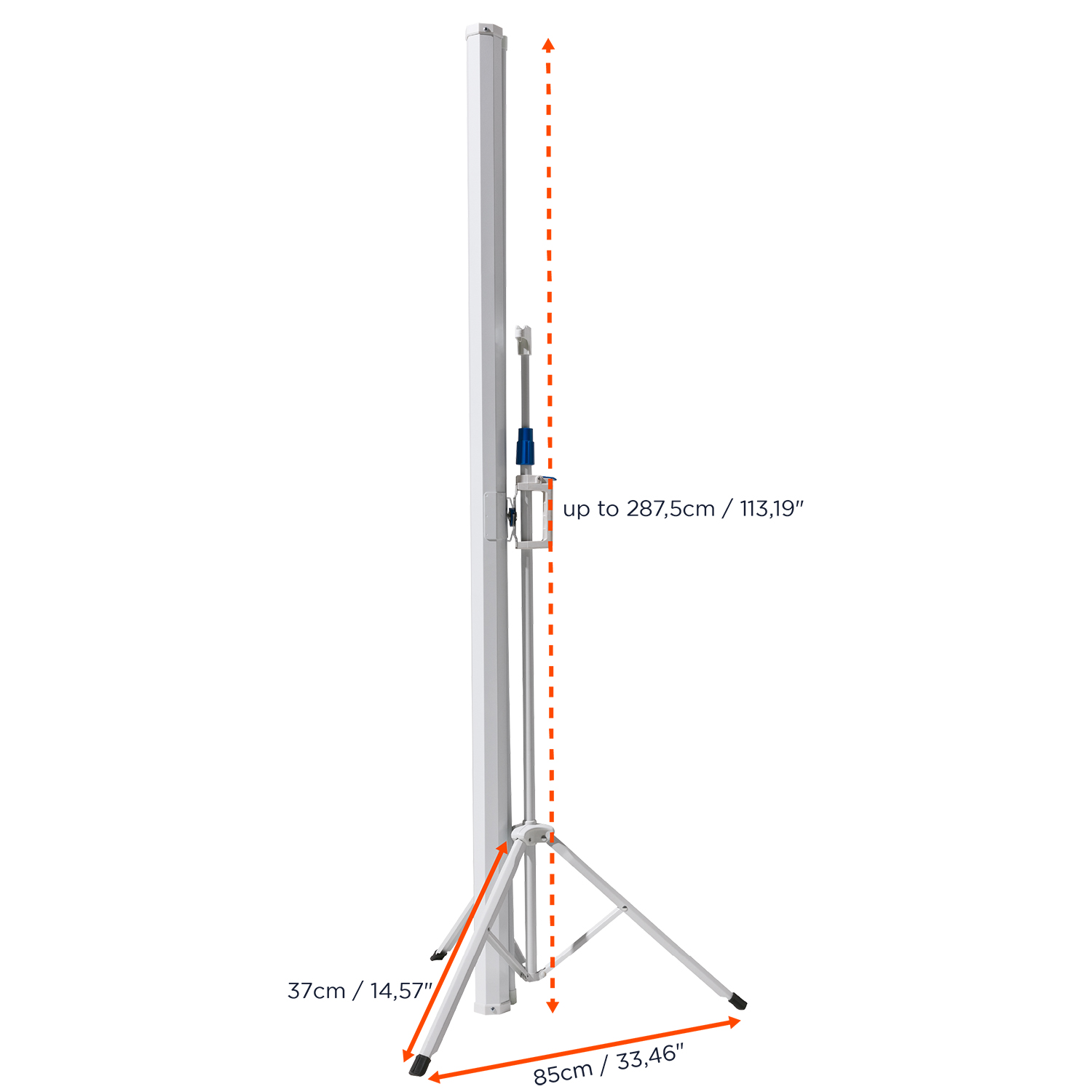 Ein weißer Projektorständer mit Höhenmaßen bis zu 287,5 cm und einer Basis von 85 cm.