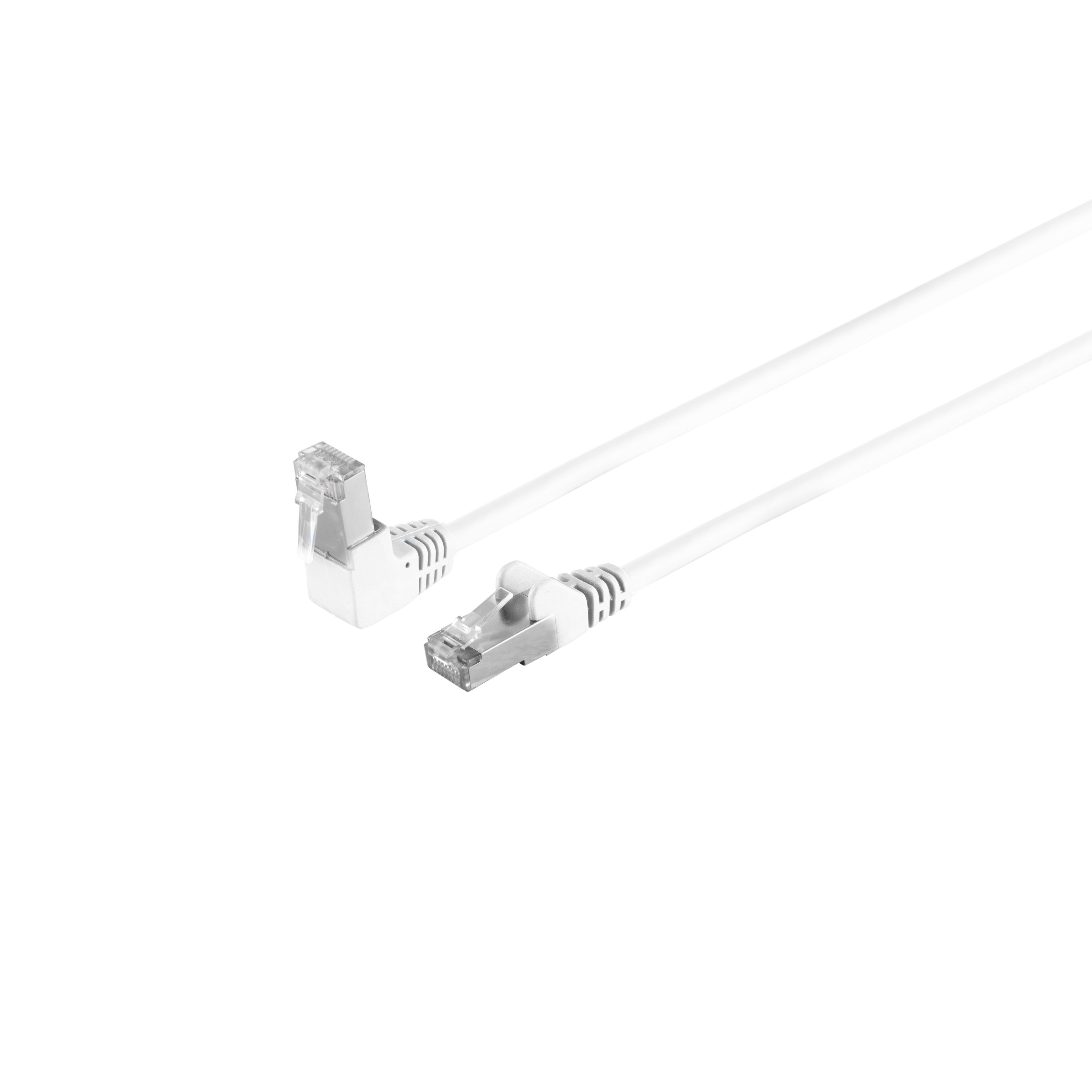 Cavo di rete bianco con connettori trasparenti. Cavo con connettore angolato e dritto su fondo bianco.
