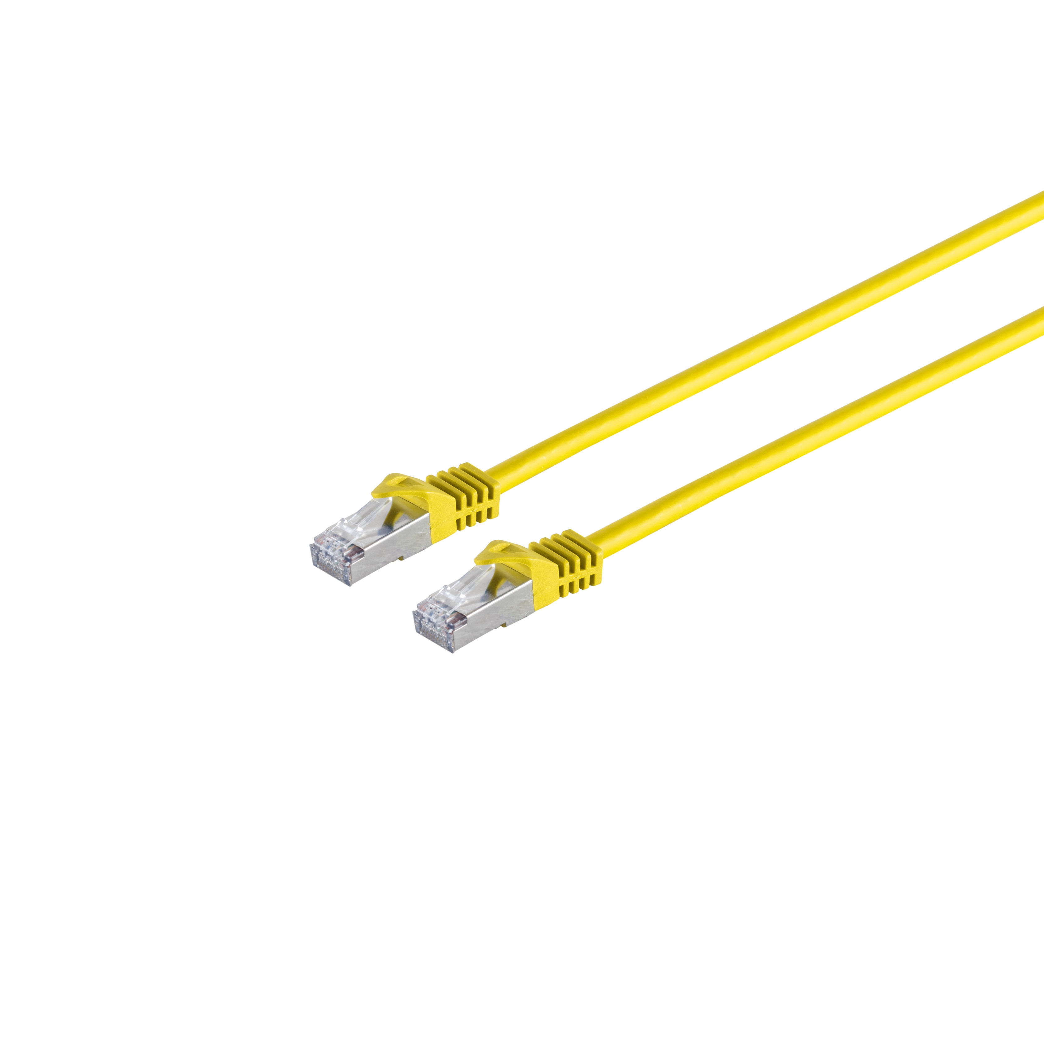 Zwei gelbe Ethernet-Kabel. RJ45-Anschlüsse sind sichtbar. Weißer Hintergrund.