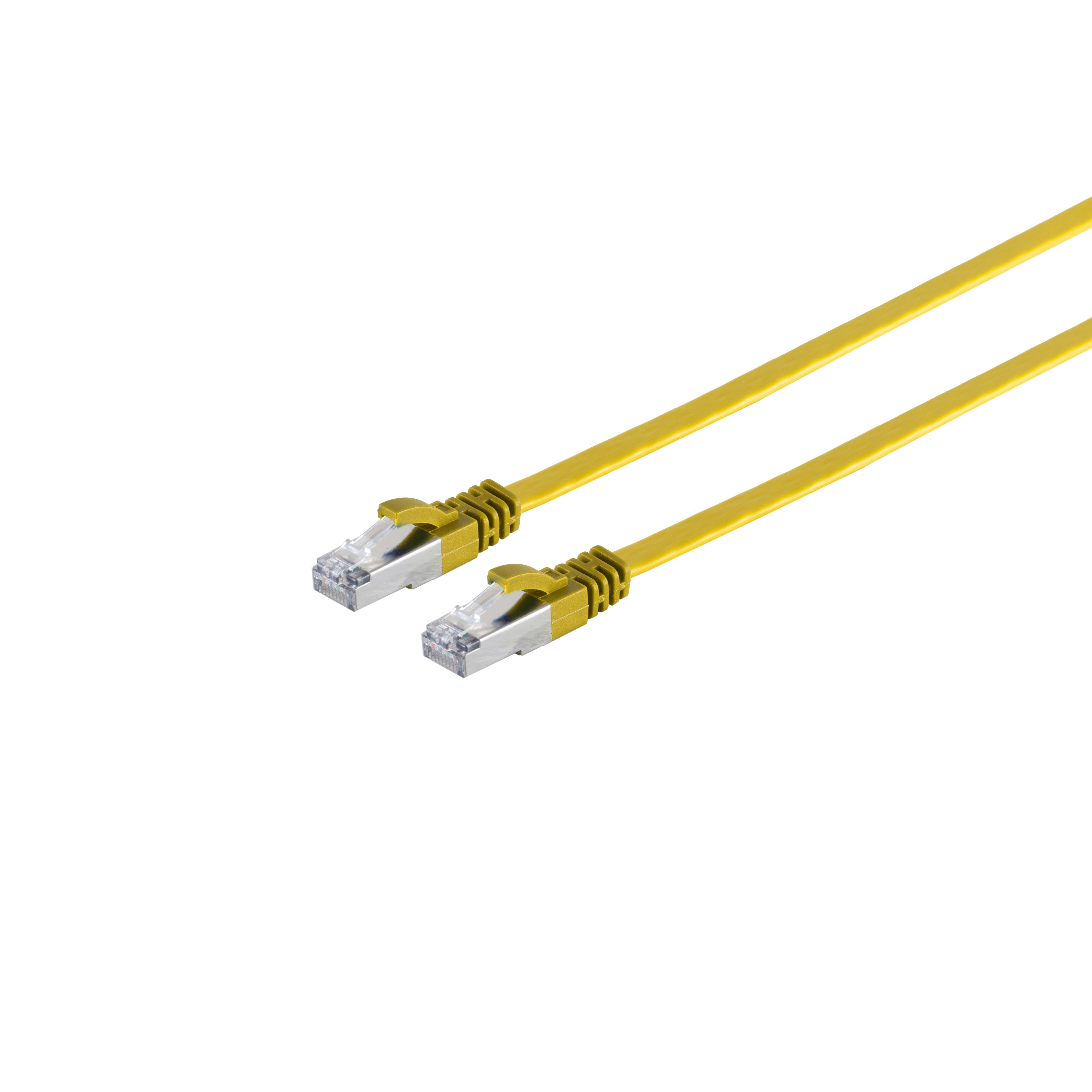 Zwei gelbe Ethernet-Kabel mit silbernen Steckern, diagonal auf weißem Hintergrund.