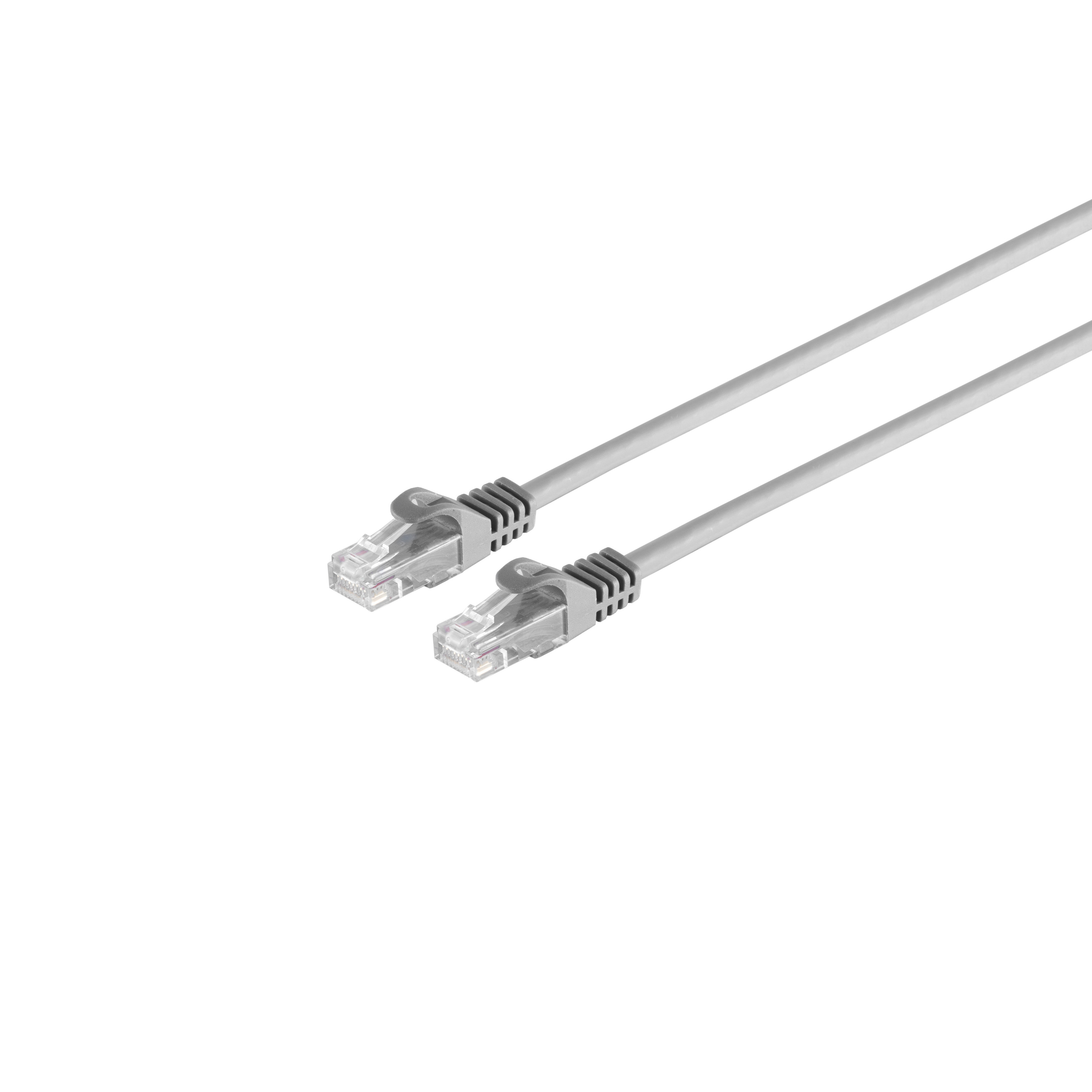 Zwei graue Ethernet-Kabel mit transparenten Steckern auf weißem Grund.