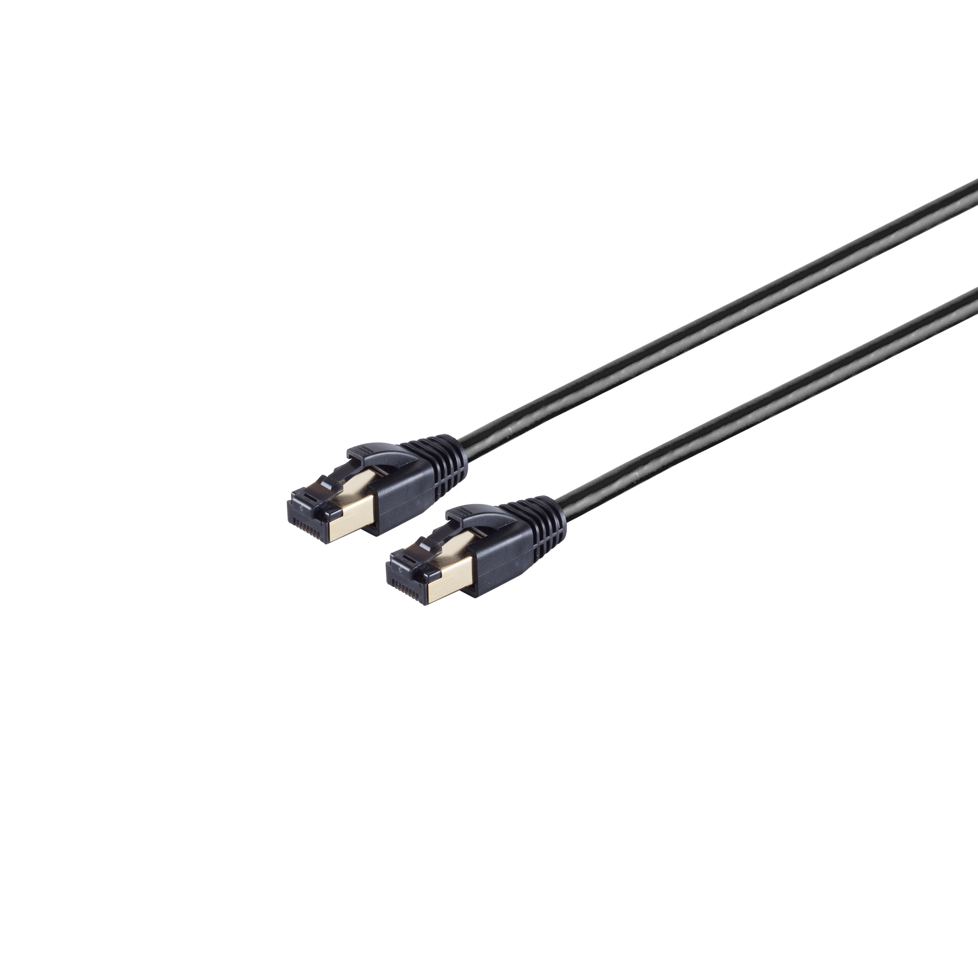 Zwei schwarze Ethernet-Kabel mit Steckern auf weißem Hintergrund.