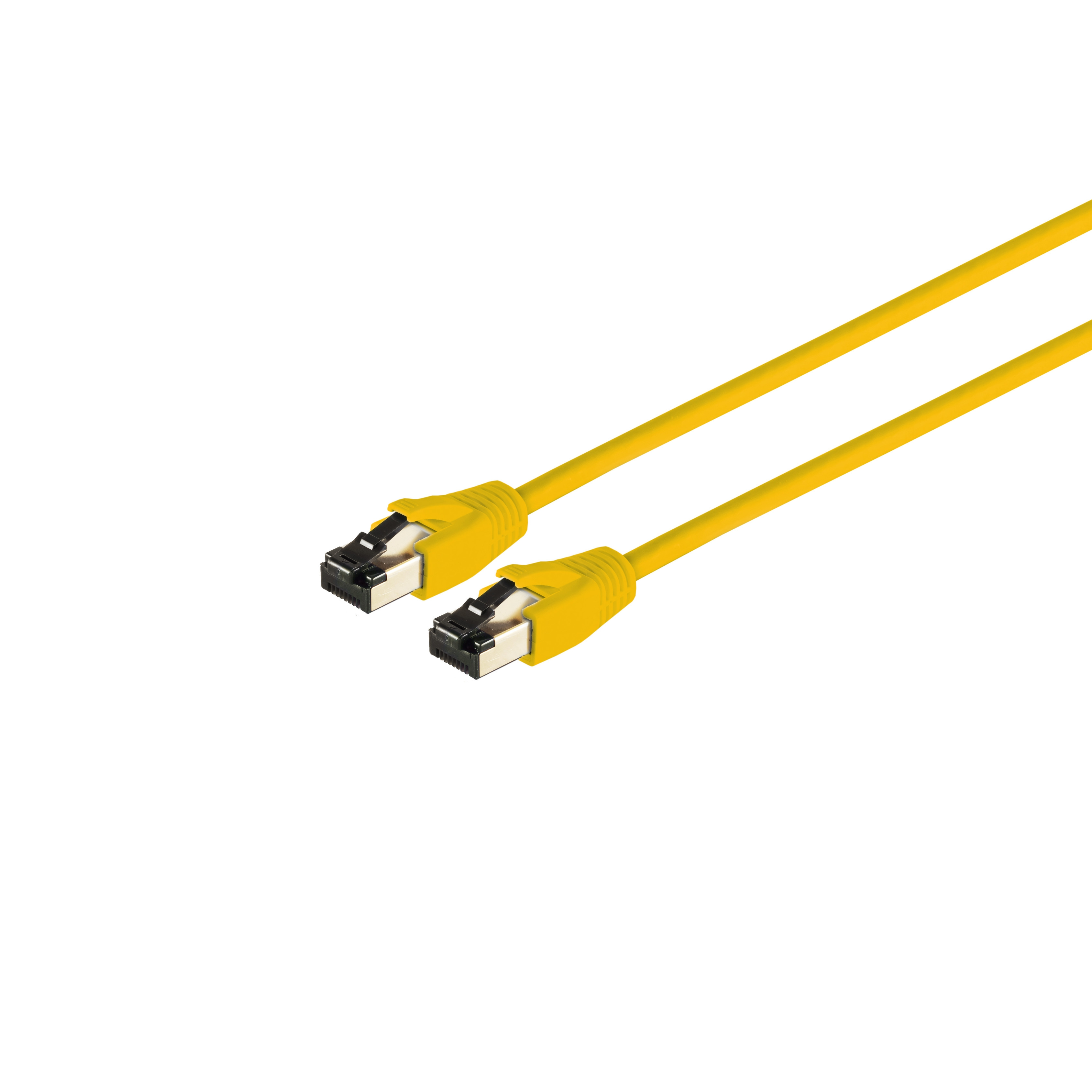 Zwei gelbe Ethernet-Kabel mit Steckern. Weißer Hintergrund. Gerade und parallel.