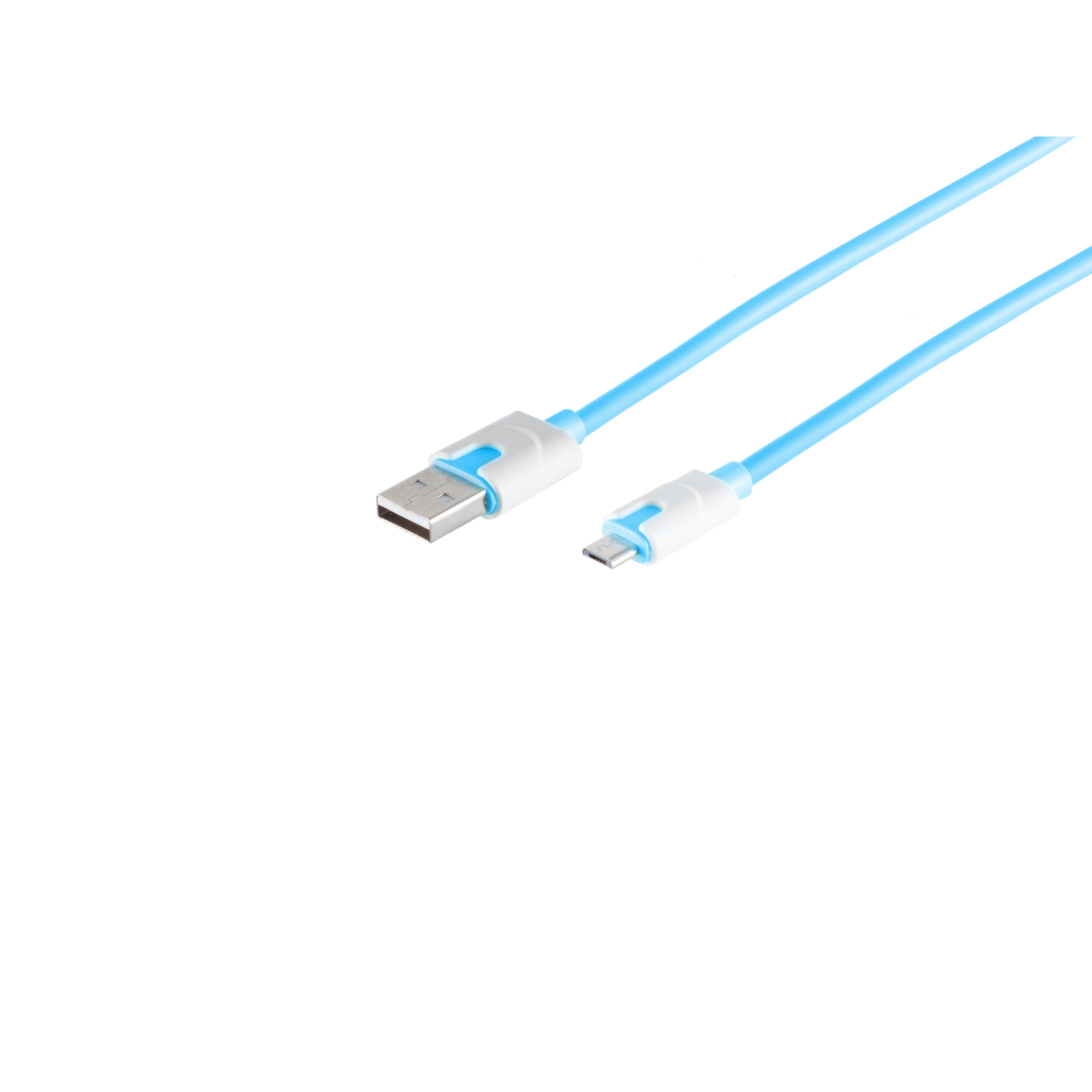 Un cavo USB blu con un connettore USB-A e micro-USB su sfondo bianco.