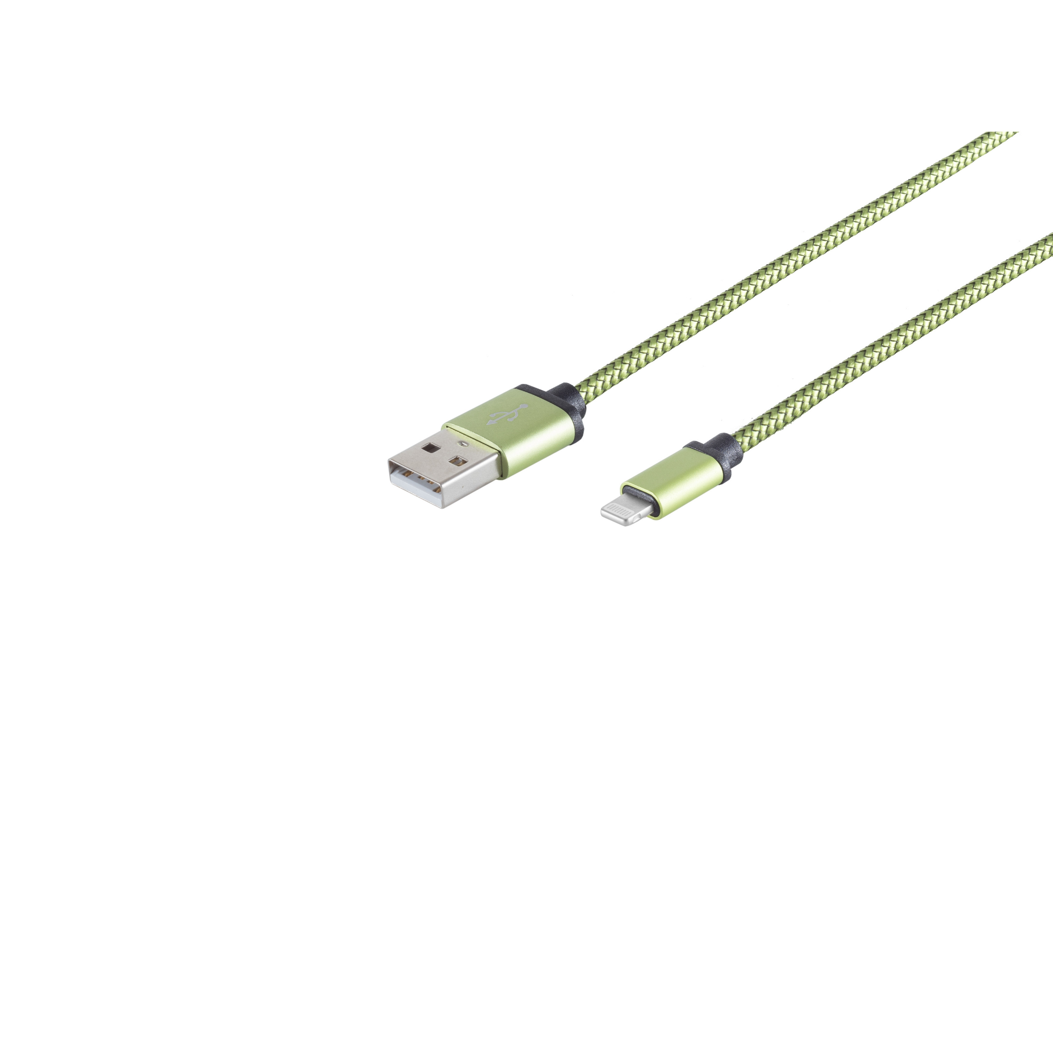 Cavo verde da USB a Lightning su sfondo bianco. Il cavo è intrecciato.