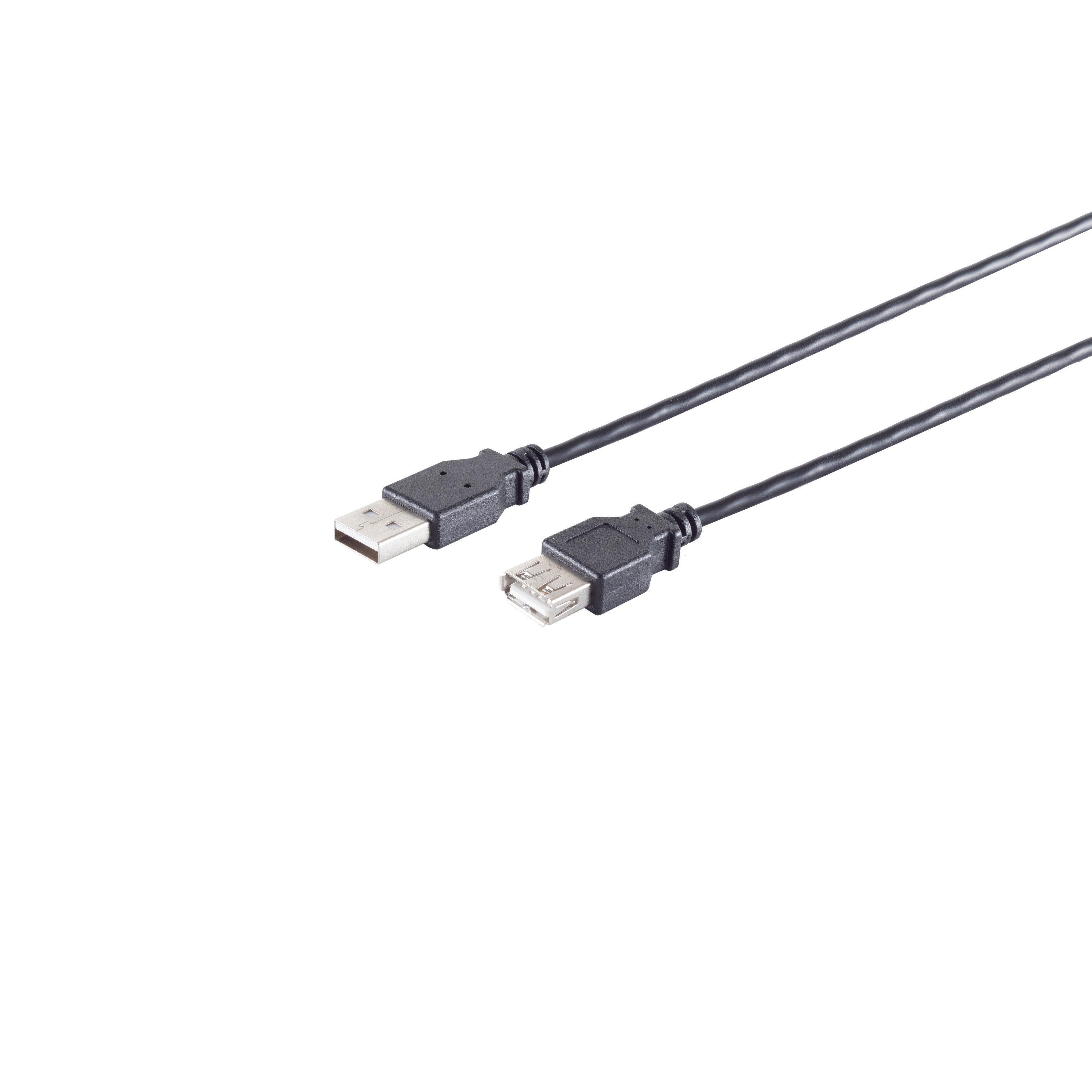 Un cavo USB nero con un connettore USB-A e un connettore USB-B, su sfondo bianco.