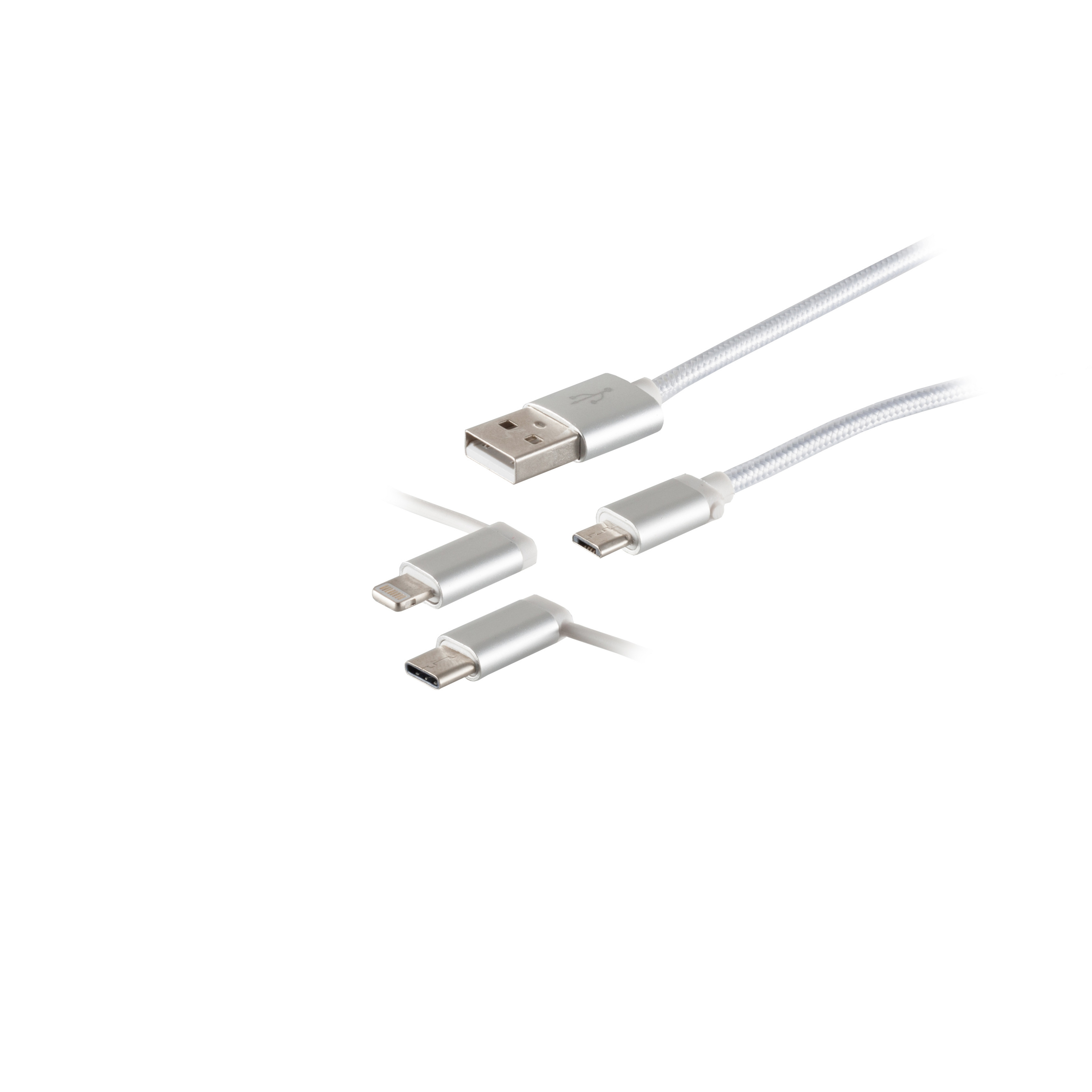 Un cavo USB bianco con più connettori: USB, Lightning, Micro USB e USB-C.