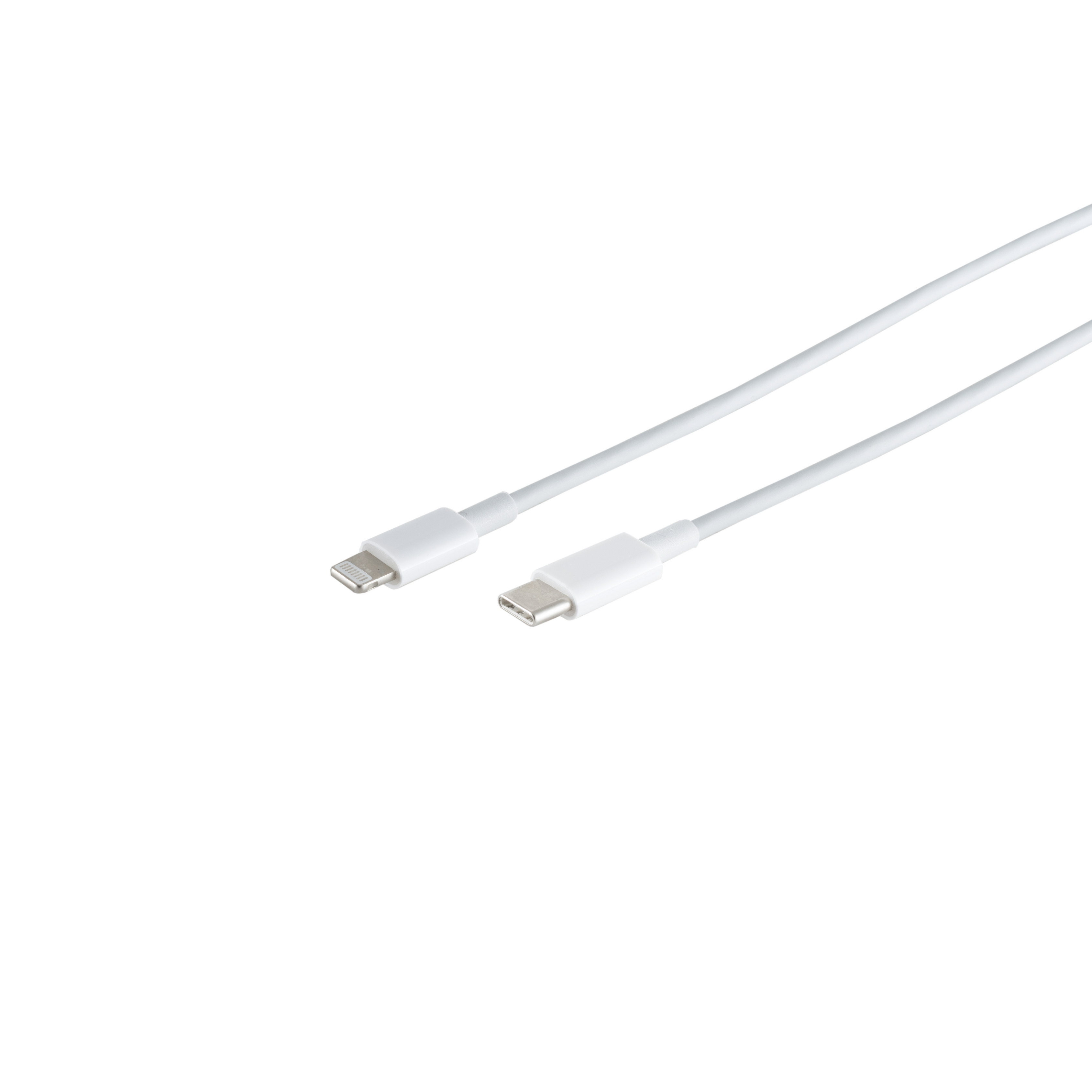 Due cavi di ricarica bianchi con connettore Lightning e connettore USB-C su sfondo bianco.
