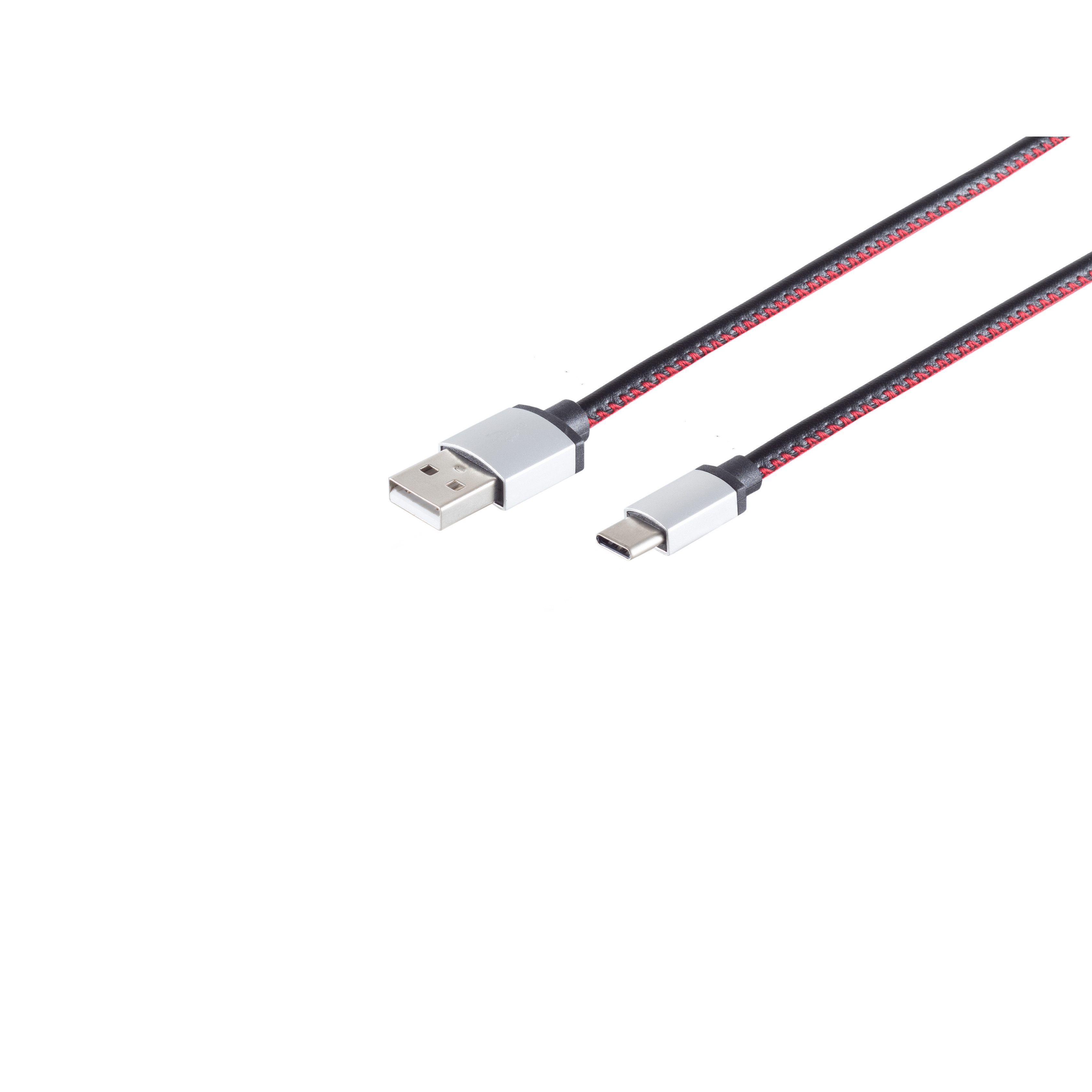 Un cavo da USB a USB-C. Cavo intrecciato rosso e nero. Un'estremità è USB, l'altra è USB-C.