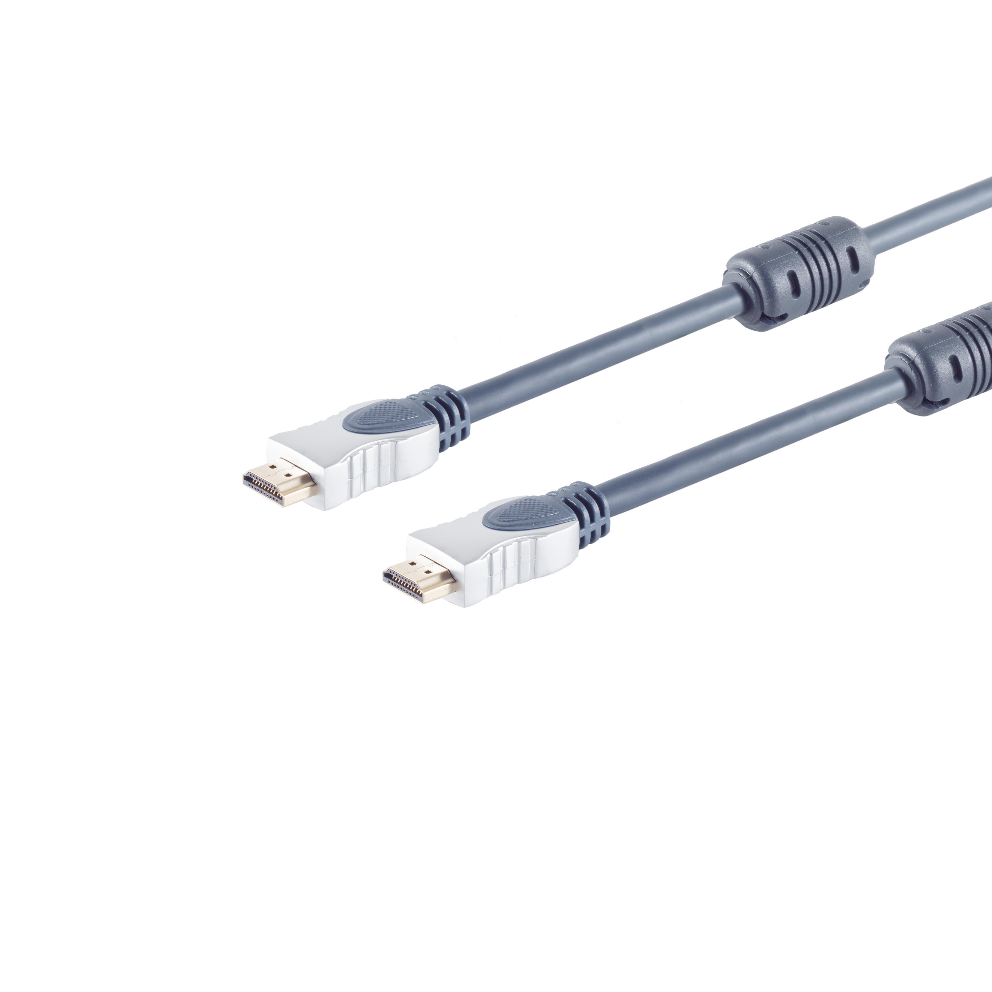 Zwei HDMI-Kabel mit silbernen Steckern auf weißem Hintergrund, zur Kamera geneigt.