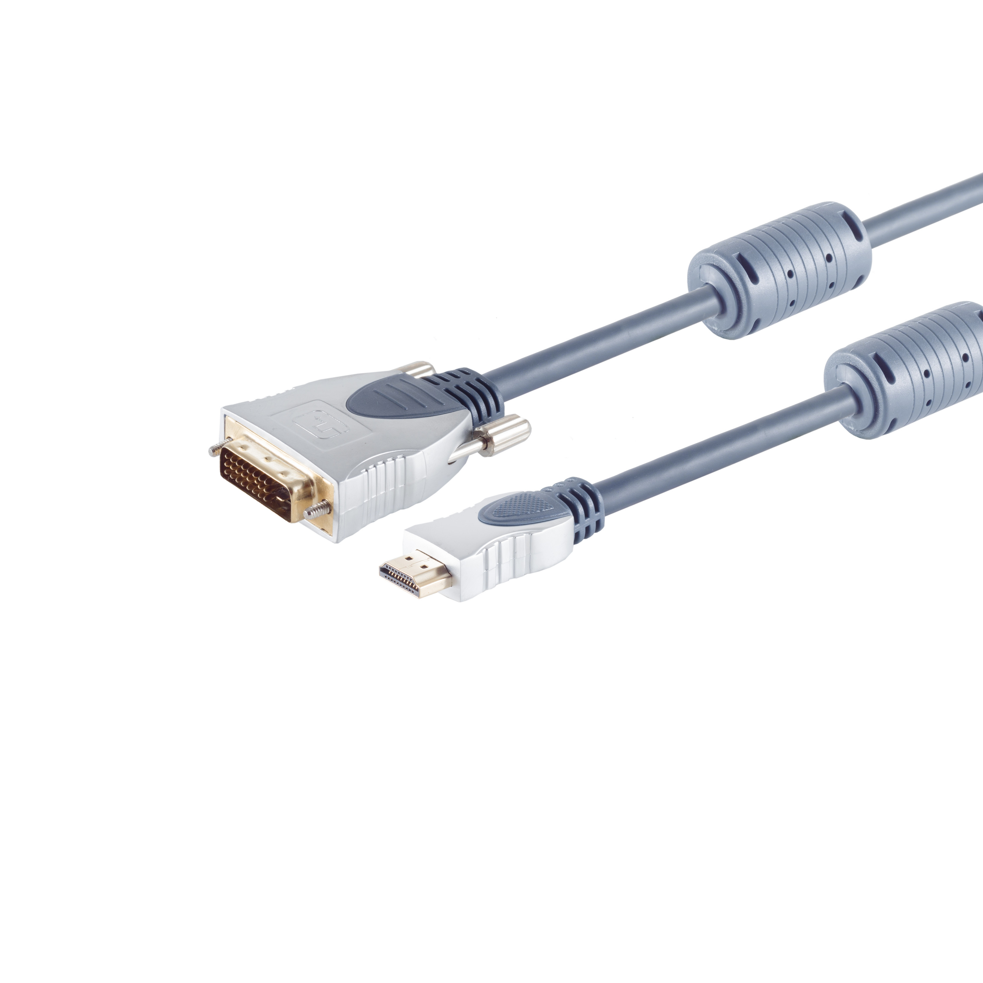 DVI-zu-HDMI-Kabel. Das Kabel ist grau. Die Anschlüsse sind silberfarben.