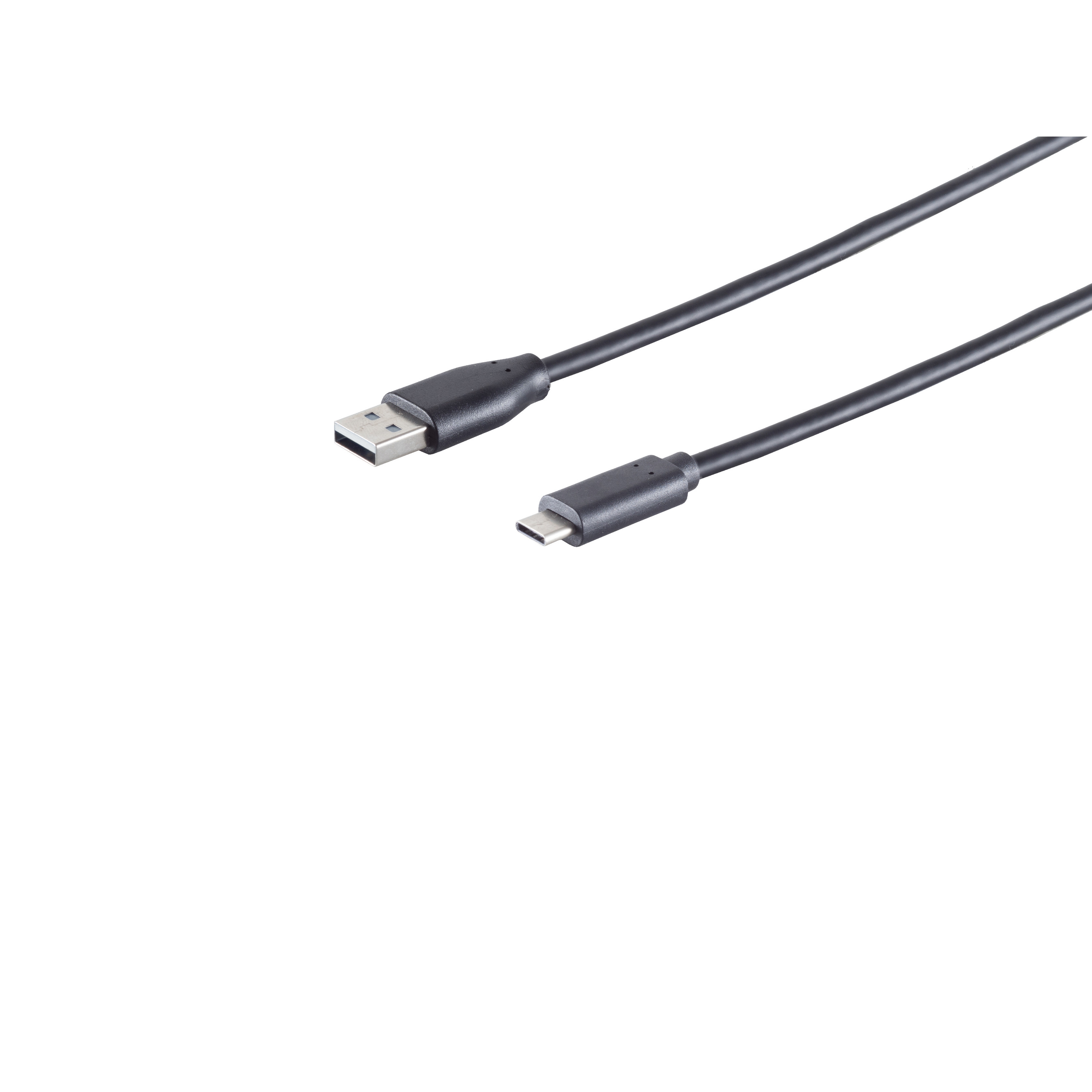 Cavo da USB a USB-C nero. Il cavo è su sfondo bianco. I connettori sono neri.